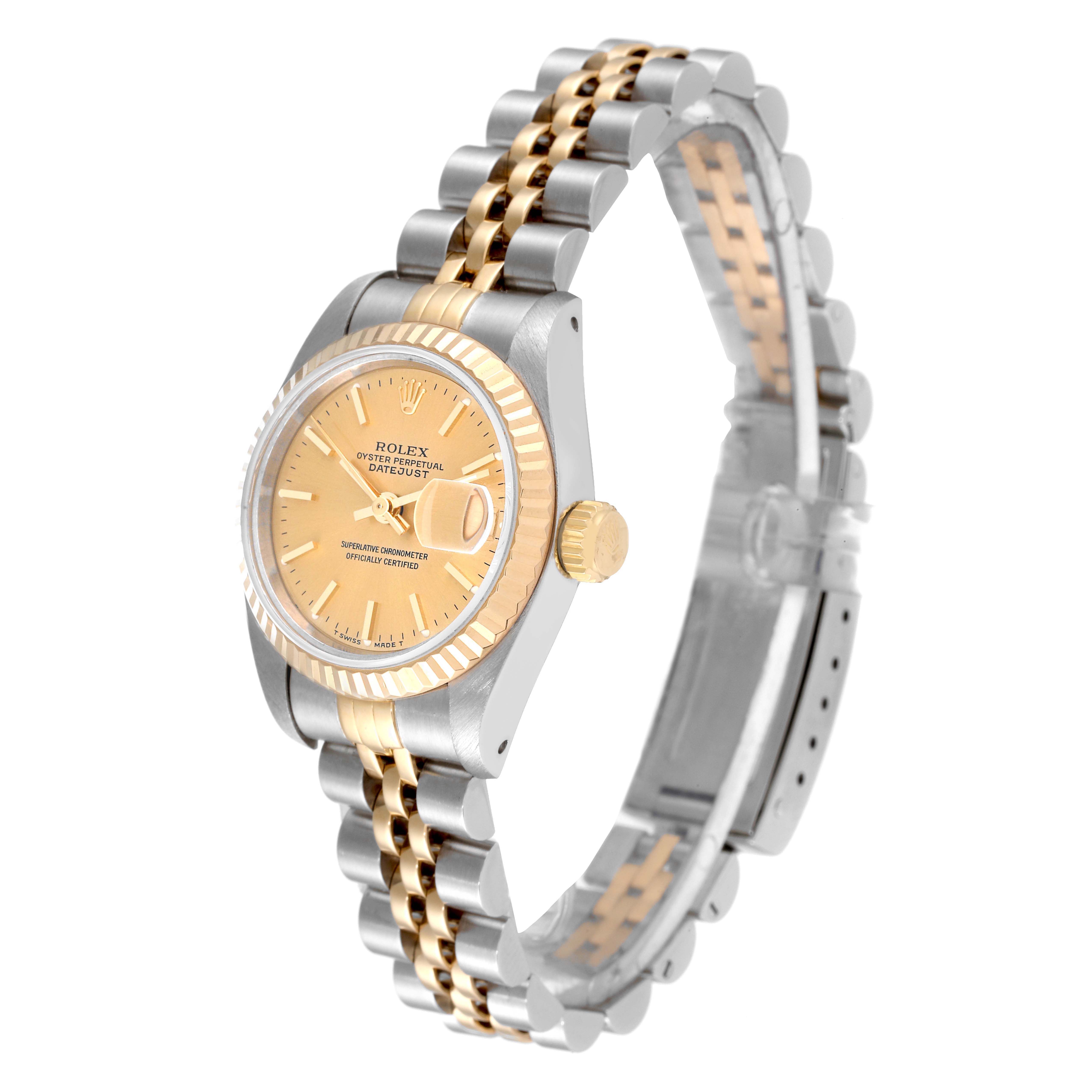 The image shows a Rolex Datejust 69173 Women's Steel and Gold (two tone) Champagne Dial 69173 Women's Steel and Gold (two tone) Champagne Dial watch from an angle that highlights its two-tone bezel, dial, and bracelet.