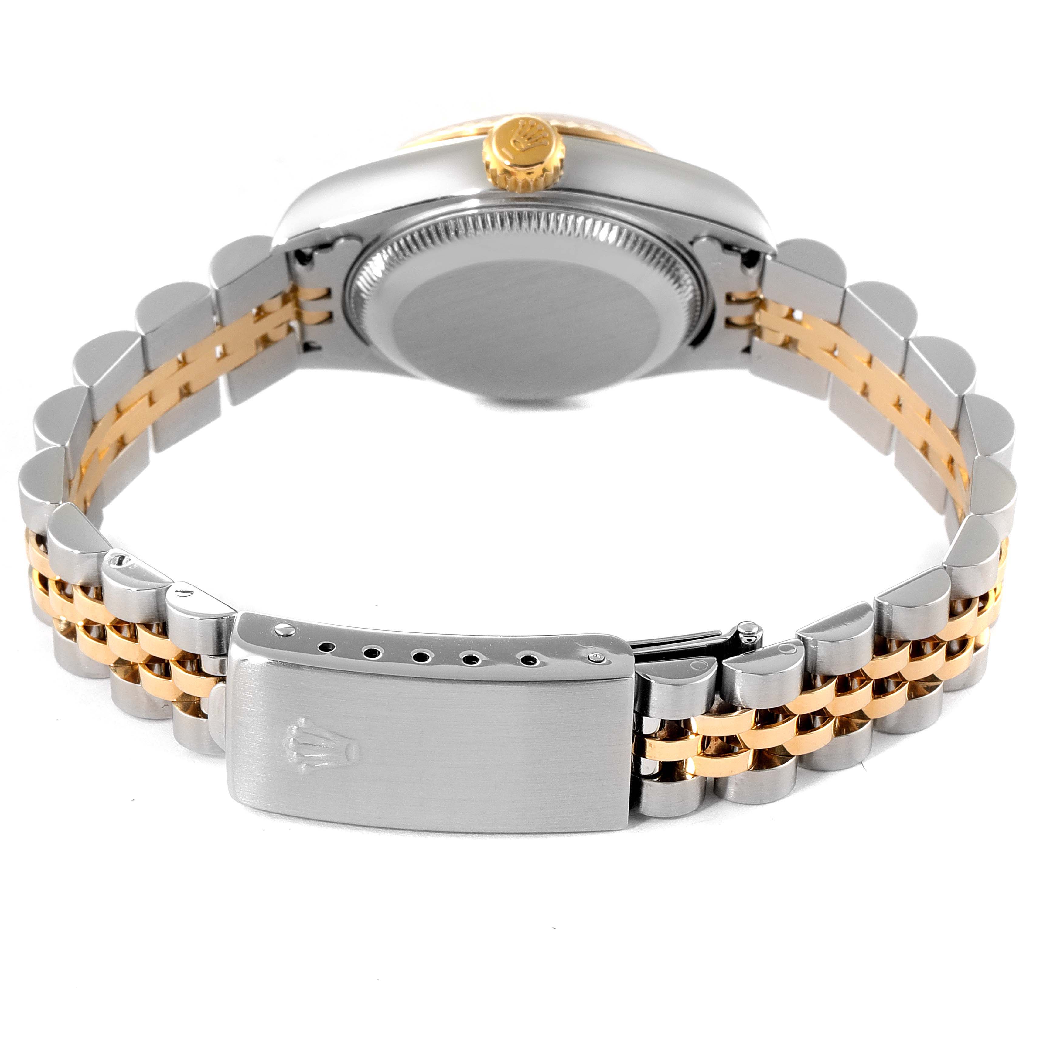 This image shows the back side and clasp of a Rolex Datejust 79173 Women
s Steel and Gold (two tone) Champagne Dial 79173 Women
s Steel and Gold (two tone) Champagne Dial watch, highlighting the Jubilee bracelet in steel and gold.