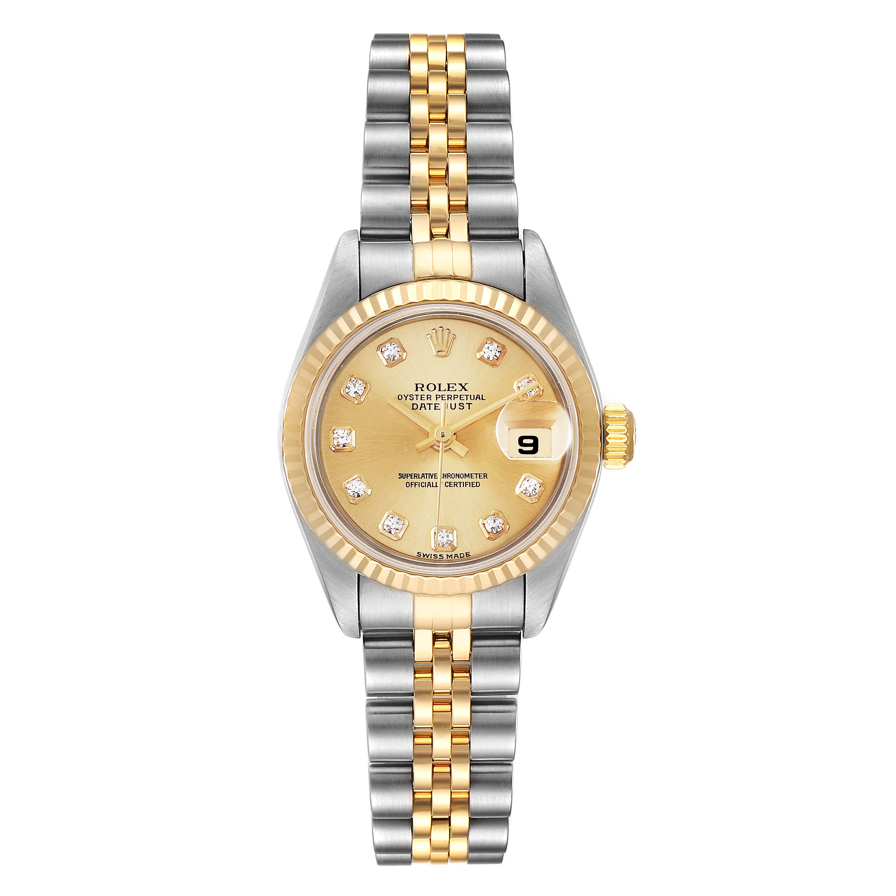 This image shows a Rolex Datejust 79173 Women
s Steel and Gold (two tone) Champagne Dial 79173 Women
s Steel and Gold (two tone) Champagne Dial watch from the front, featuring a golden dial, date window, and two-tone bracelet.