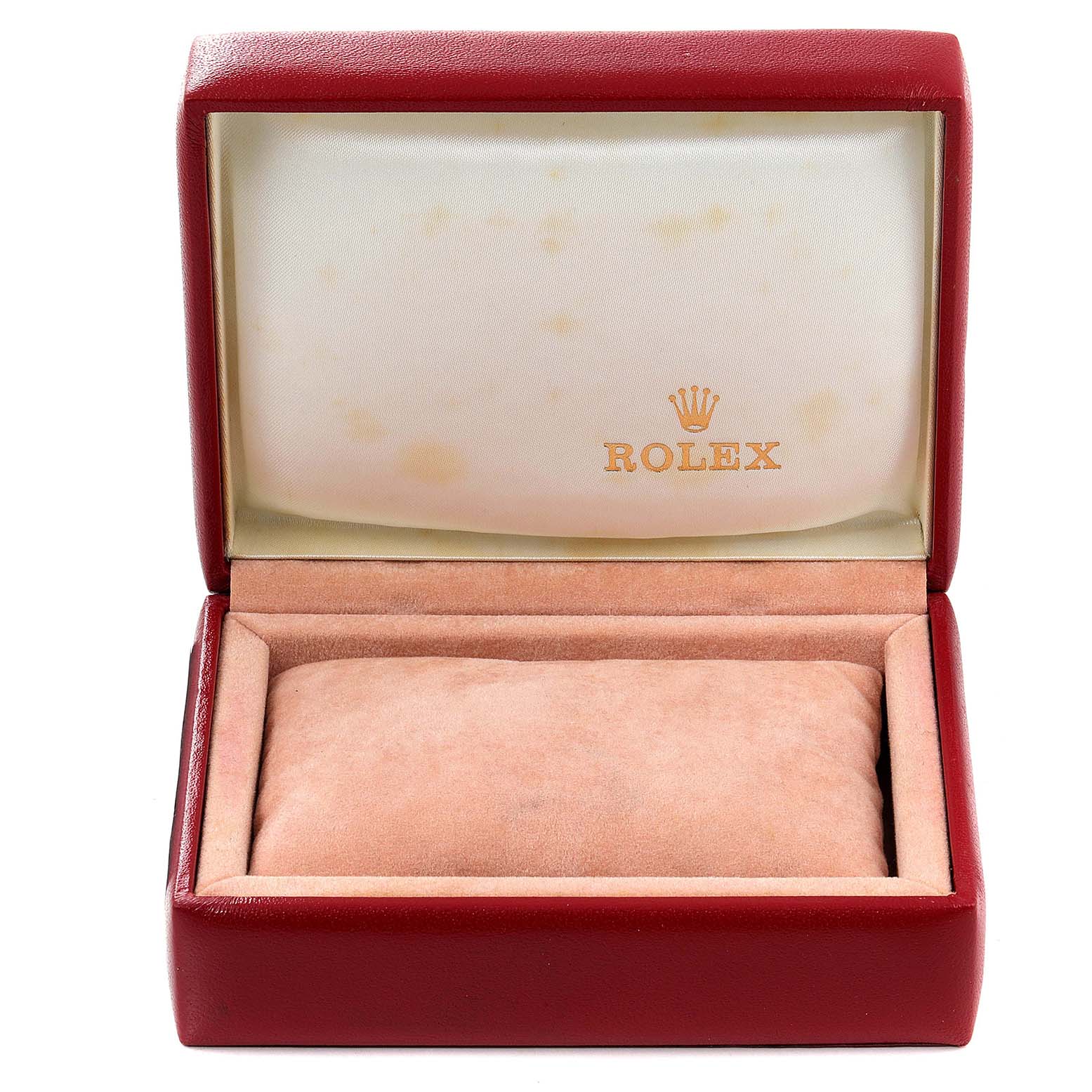 This image shows an empty red Rolex box for the Datejust model with the interior cushion and logo visible.
