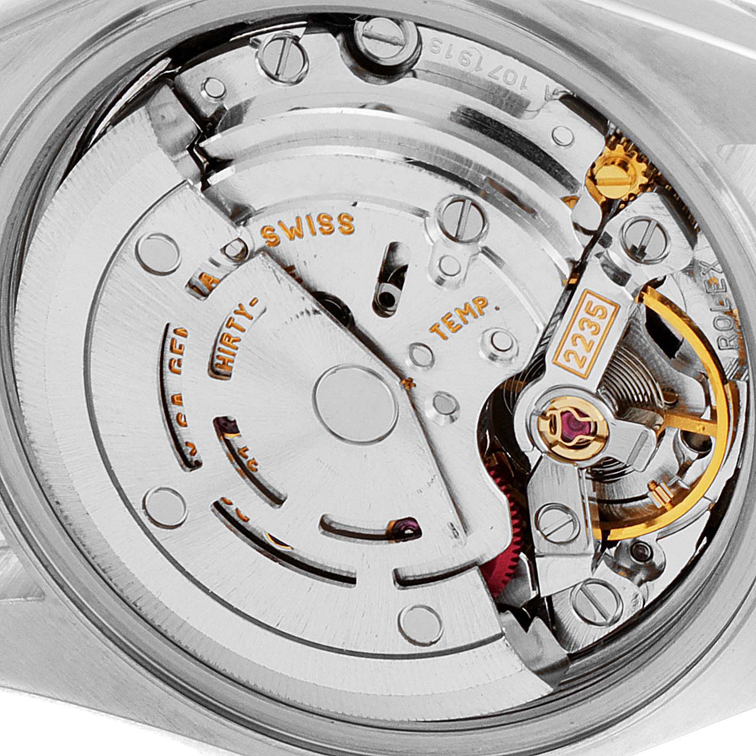 This image shows the internal movement mechanism of the Rolex Datejust 79173 Women
s Steel and Gold (two tone) Champagne Dial 79173 Women
s Steel and Gold (two tone) Champagne Dial watch from a top view angle.