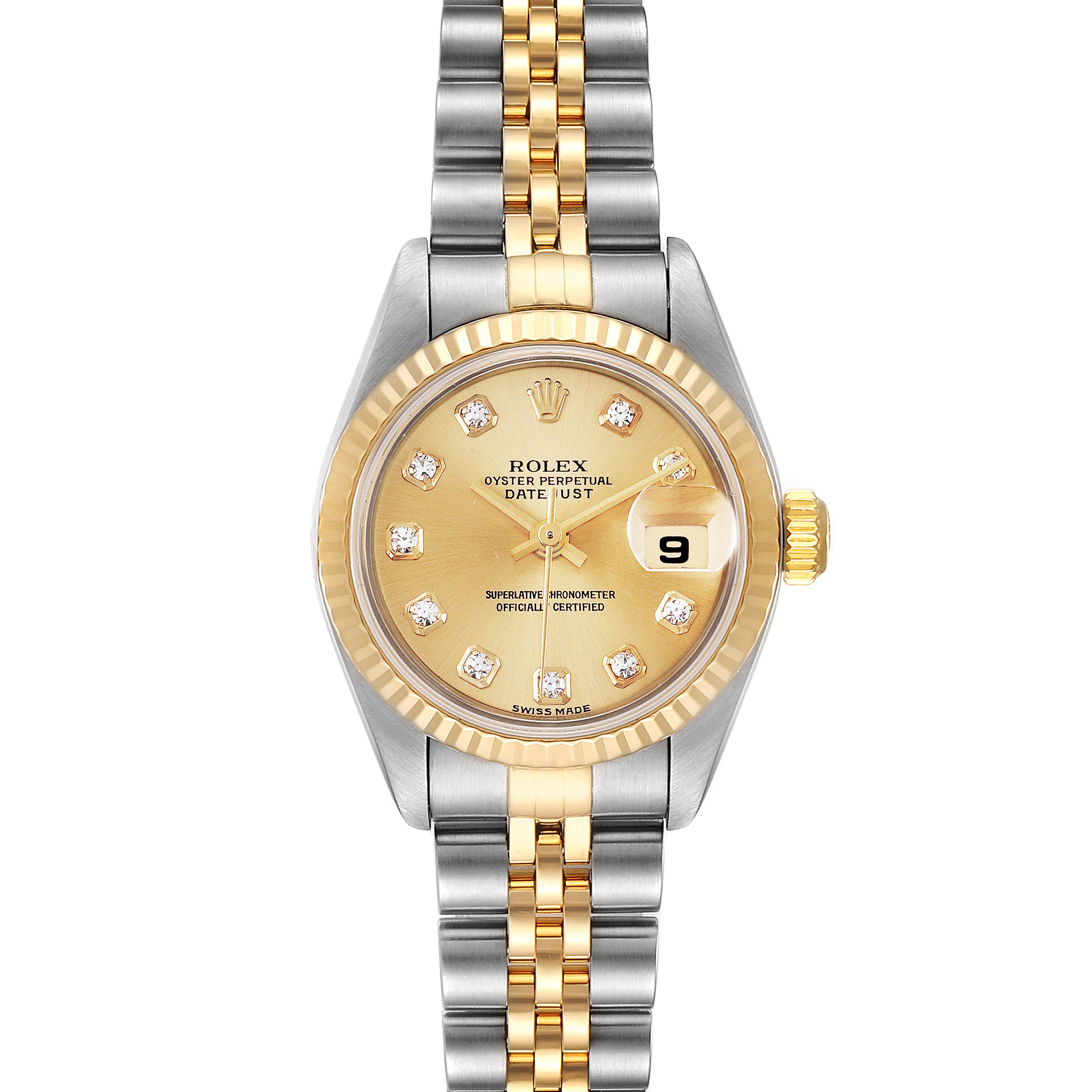 The image shows a Rolex Datejust 79173 Women
s Steel and Gold (two tone) Champagne Dial 79173 Women
s Steel and Gold (two tone) Champagne Dial watch displaying the face, bezel, and part of the bracelet, taken from a top-down angle.