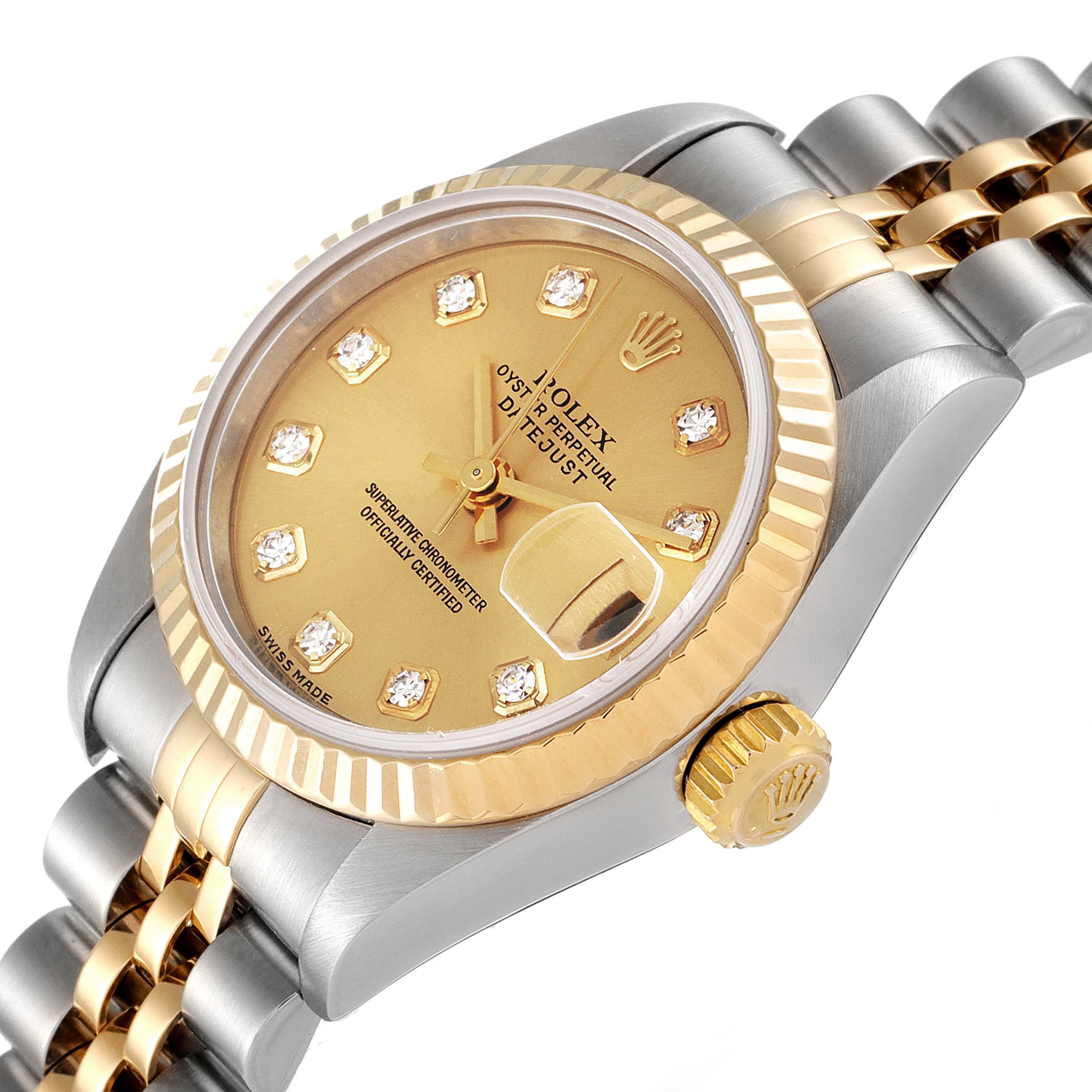 The image shows a close-up of the Rolex Datejust 79173 Women
s Steel and Gold (two tone) Champagne Dial 79173 Women
s Steel and Gold (two tone) Champagne Dial watch
s face, bezel, crown, and part of the bracelet at an angled view.