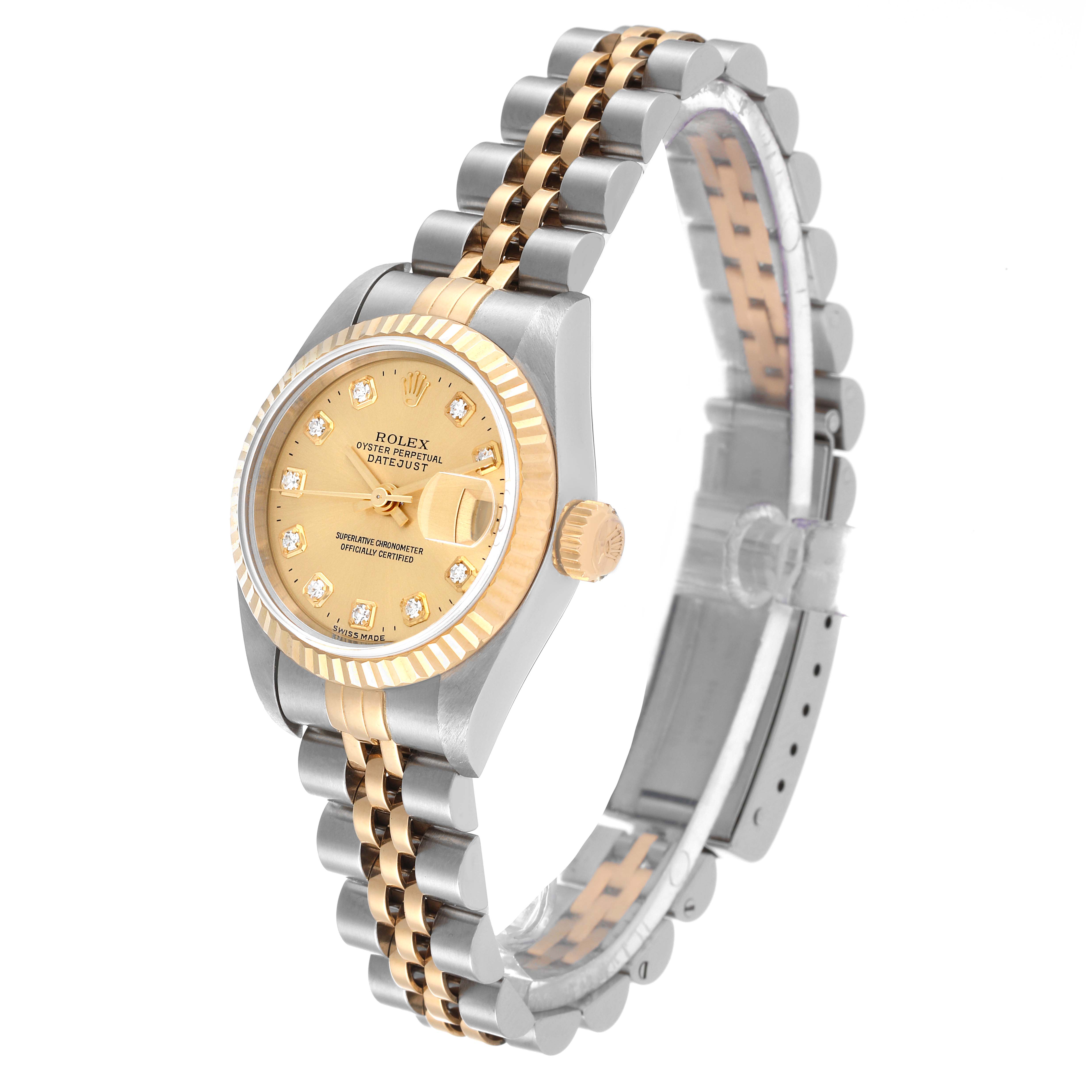 This image shows a Rolex Datejust 79173 Women's Steel and Gold (two tone) Champagne Dial 79173 Women's Steel and Gold (two tone) Champagne Dial watch from an angled side view, highlighting its dial, bezel, crown, and two-tone bracelet.