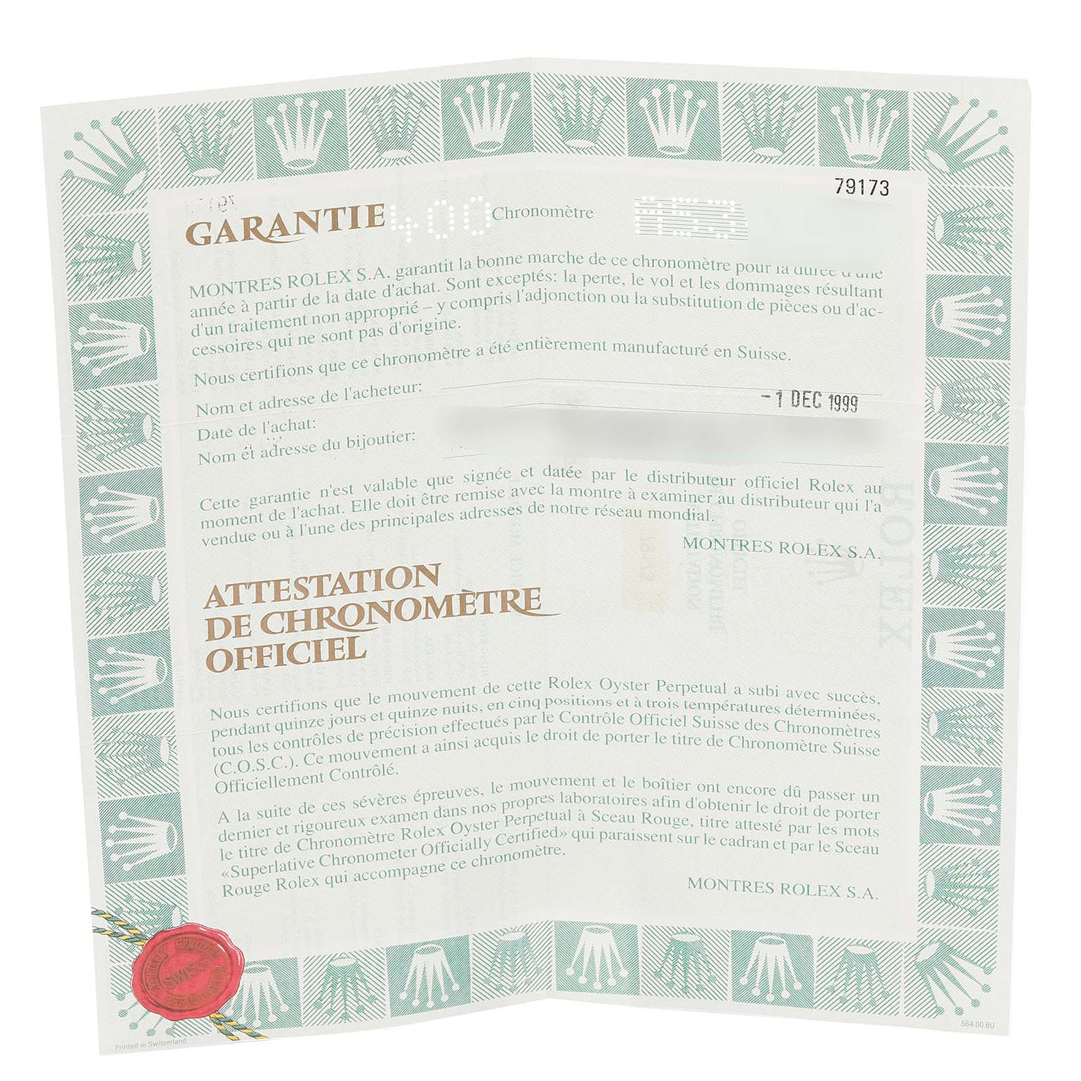 This image shows a warranty and chronometer certificate for a Rolex Datejust 79173 Women's Steel and Gold (two tone) Champagne Dial 79173 Women's Steel and Gold (two tone) Champagne Dial model.