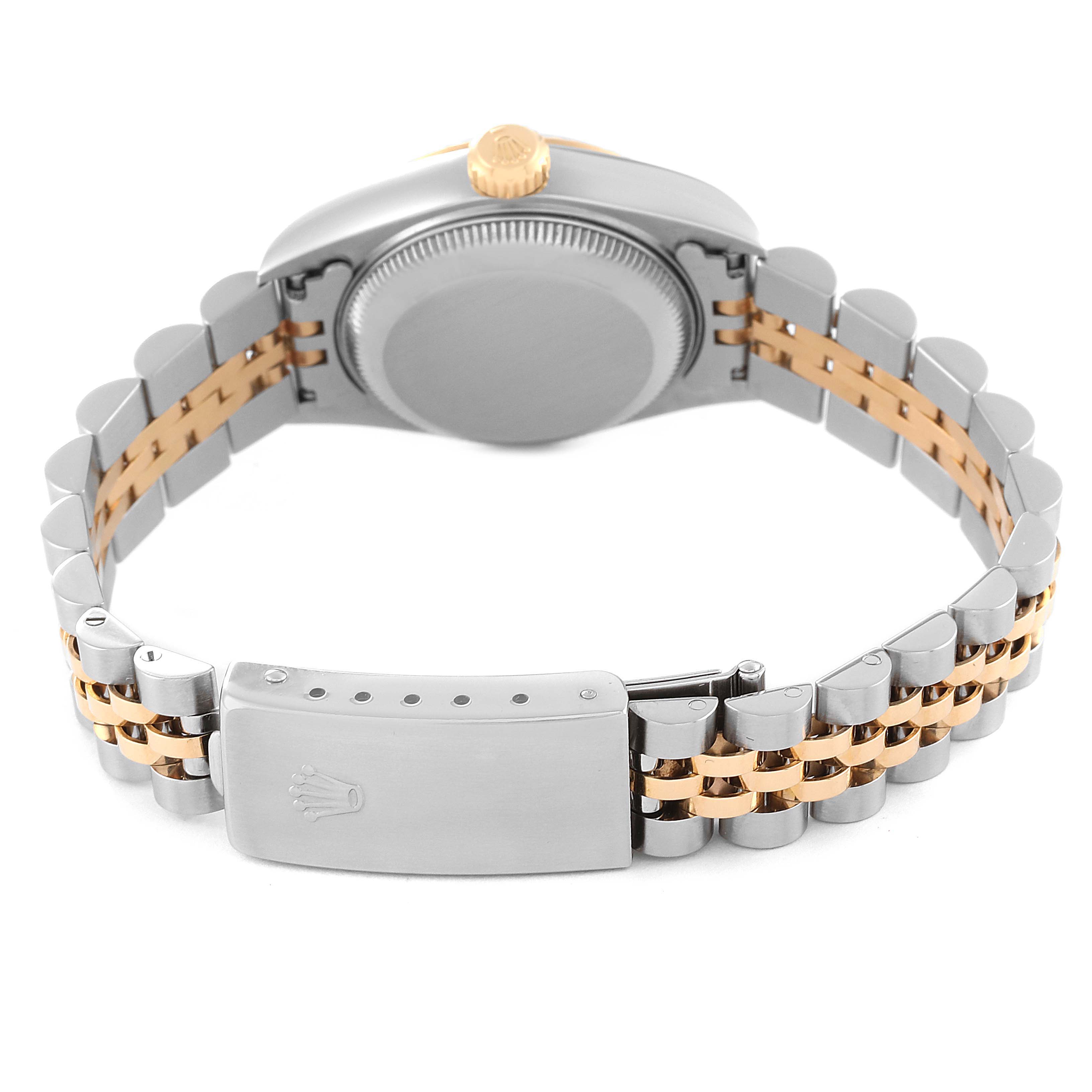 The image shows the back view of a Rolex Datejust 79173 Women's Steel and Gold (two tone) Champagne Dial 79173 Women's Steel and Gold (two tone) Champagne Dial watch, highlighting the case back, crown, and the two-tone bracelet with the clasp.