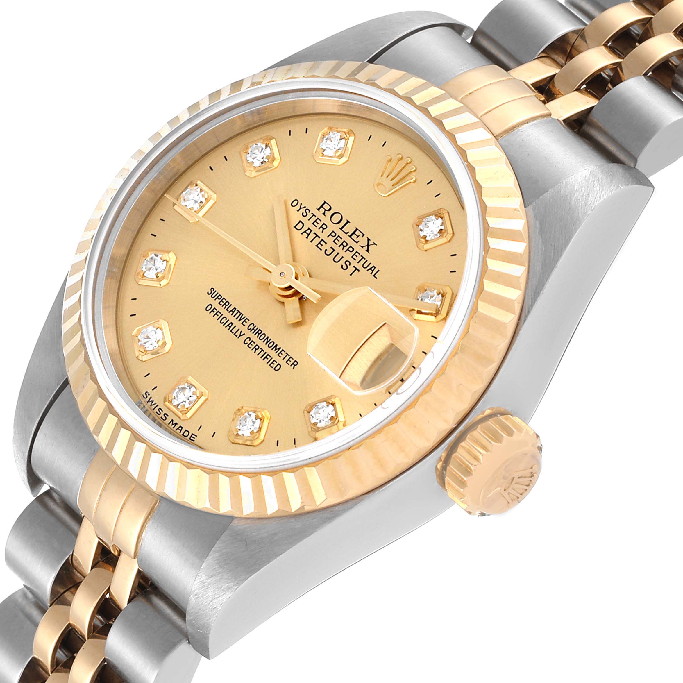 The image shows a Rolex Datejust 79173 Women's Steel and Gold (two tone) Champagne Dial 79173 Women's Steel and Gold (two tone) Champagne Dial watch, featuring a close-up view including the dial, fluted bezel, crown, and part of the bracelet.