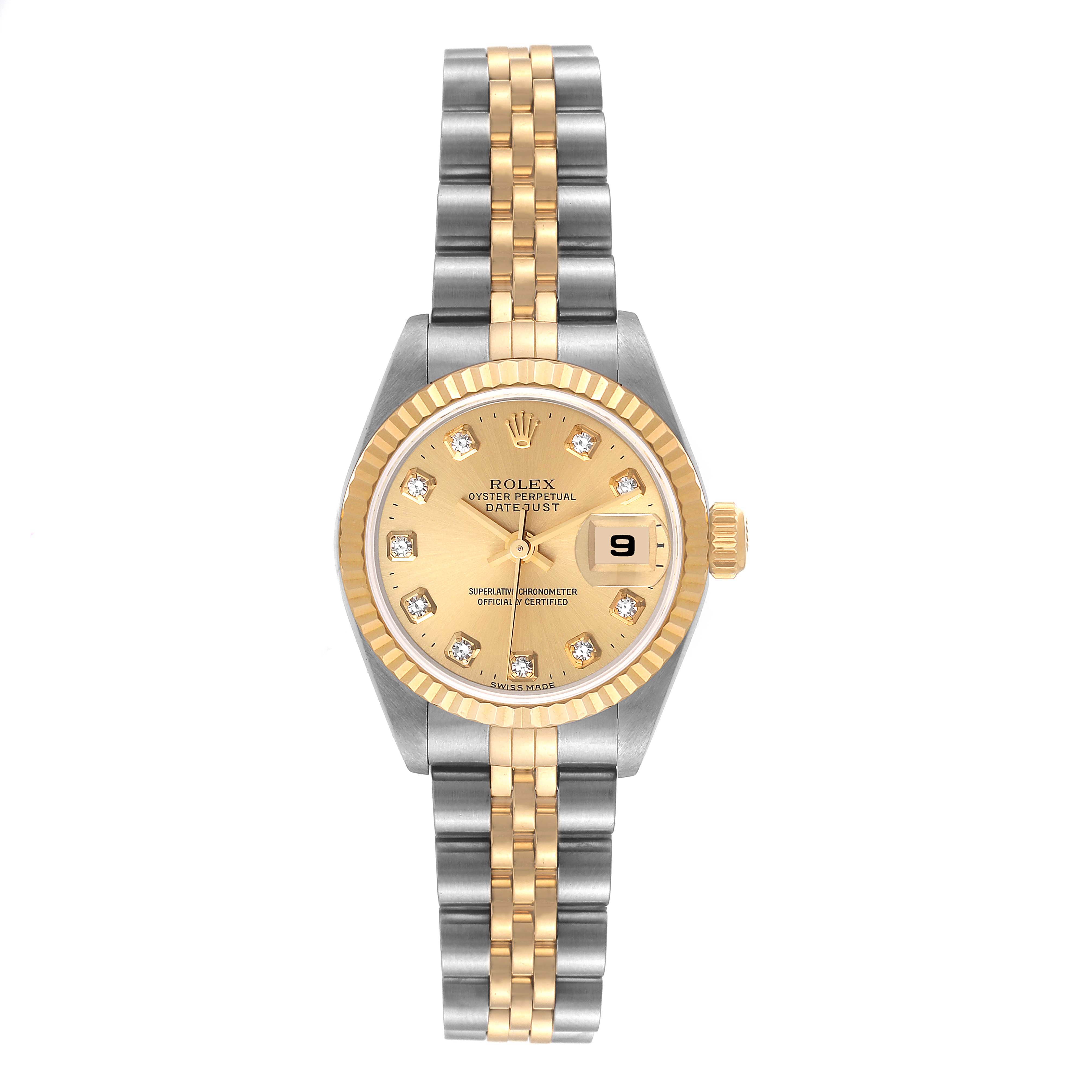 This image shows a frontal view of a Rolex Datejust 79173 Women's Steel and Gold (two tone) Champagne Dial 79173 Women's Steel and Gold (two tone) Champagne Dial watch, highlighting the two-tone bracelet and diamond dial.