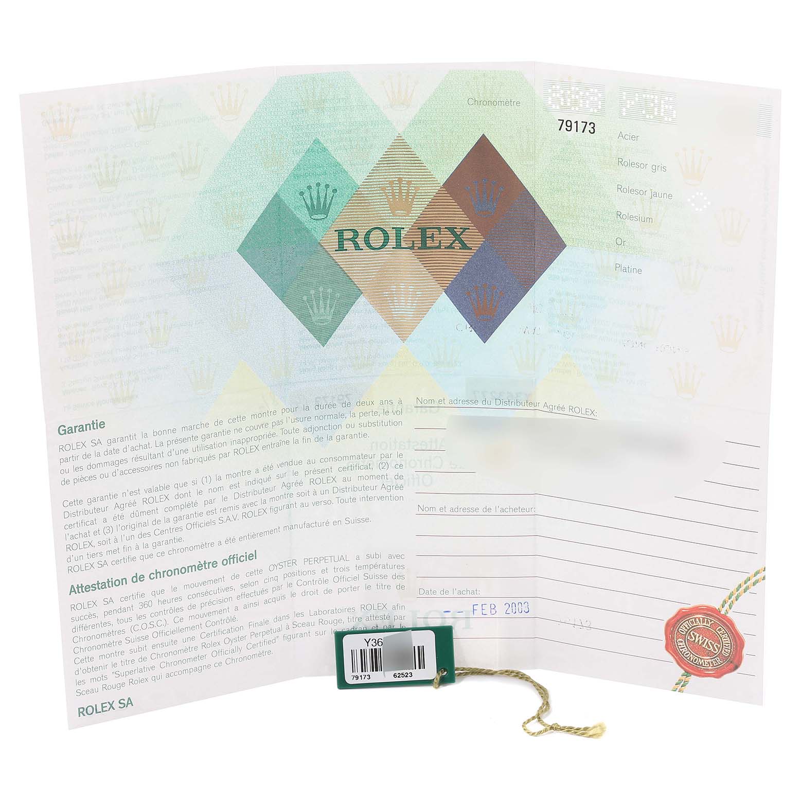 The image shows a Rolex Datejust 79173 Women's Steel and Gold (two tone) Champagne Dial 79173 Women's Steel and Gold (two tone) Champagne Dial warranty card and tag with serial number and purchase date.