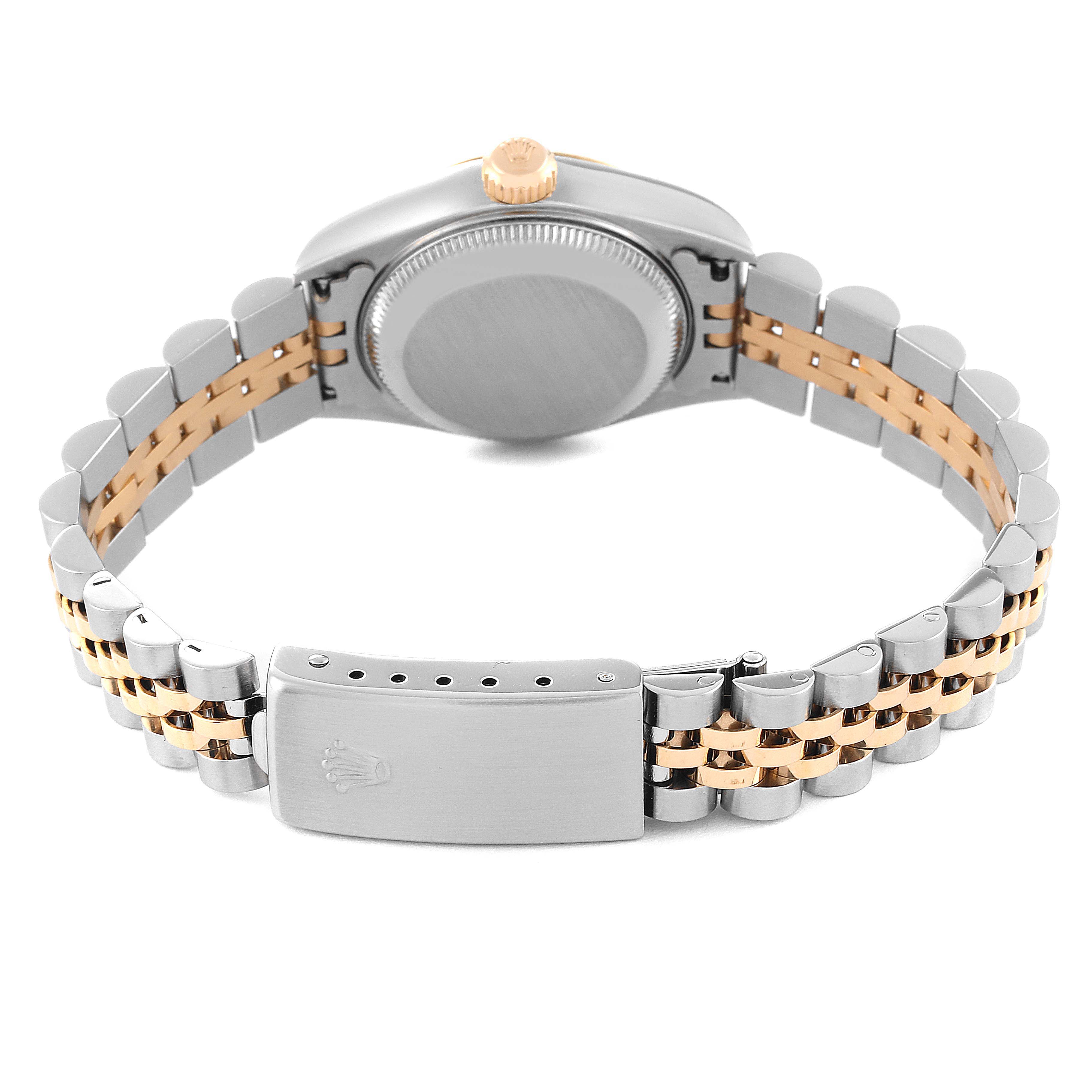 This image shows the rear view of a Rolex Datejust 79173 Women's Steel and Gold (two tone) Champagne Dial 79173 Women's Steel and Gold (two tone) Champagne Dial watch, highlighting the case back, crown, and Jubilee two-tone bracelet with clasp.