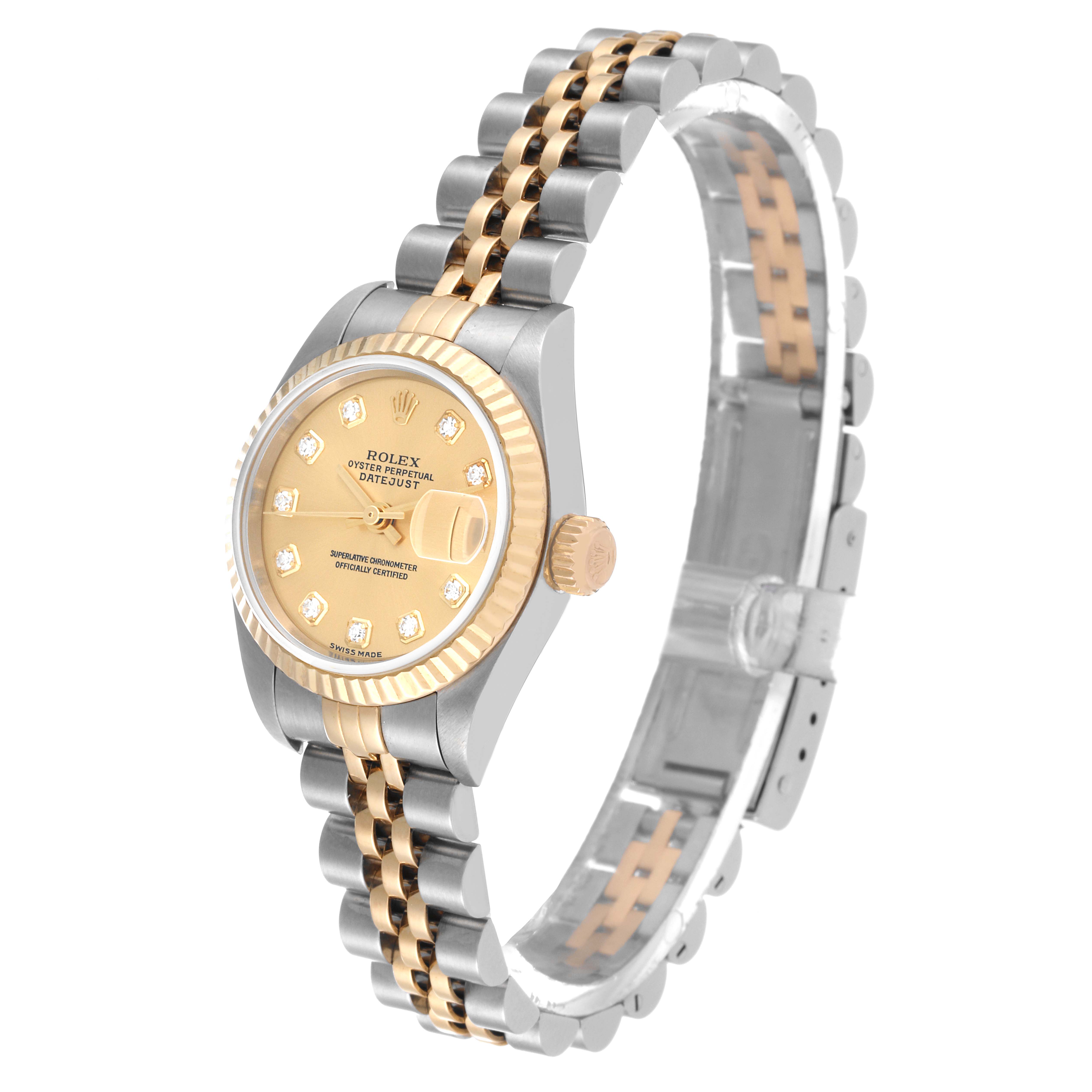This image shows a Rolex Datejust 79173 Women's Steel and Gold (two tone) Champagne Dial 79173 Women's Steel and Gold (two tone) Champagne Dial watch at a three-quarter angle, highlighting the dial, bezel, crown, and two-tone bracelet.