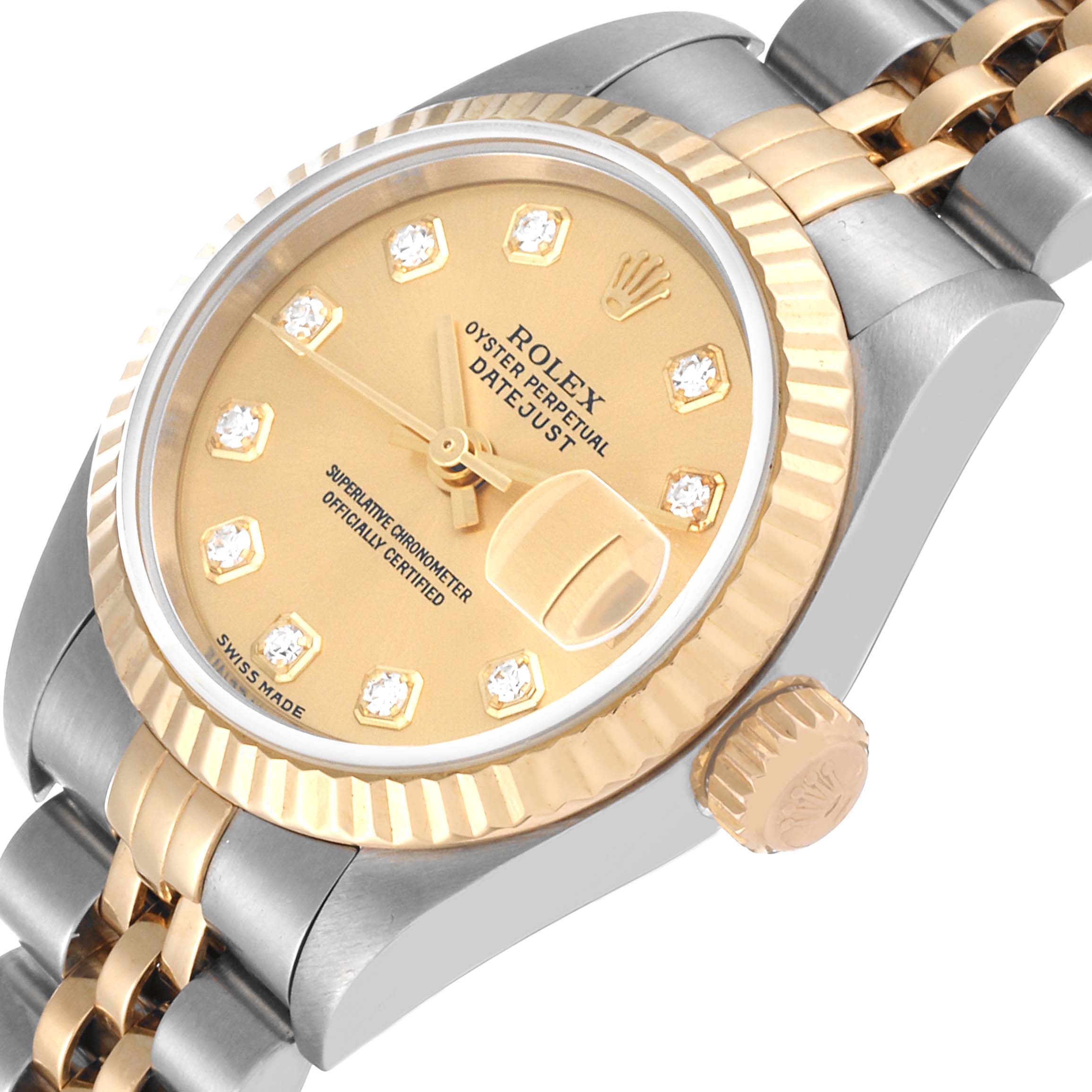 The image shows a side view of the Rolex Datejust 79173 Women's Steel and Gold (two tone) Champagne Dial 79173 Women's Steel and Gold (two tone) Champagne Dial, highlighting its dial, bezel, crown, and part of the bracelet.