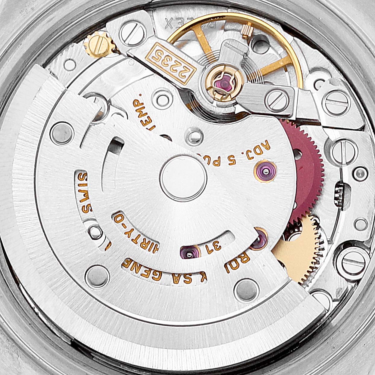 This image shows the movement part of a Rolex Datejust 79173 Women's Steel and Gold (two tone) Champagne Dial 79173 Women's Steel and Gold (two tone) Champagne Dial watch from a close-up, top-down angle.