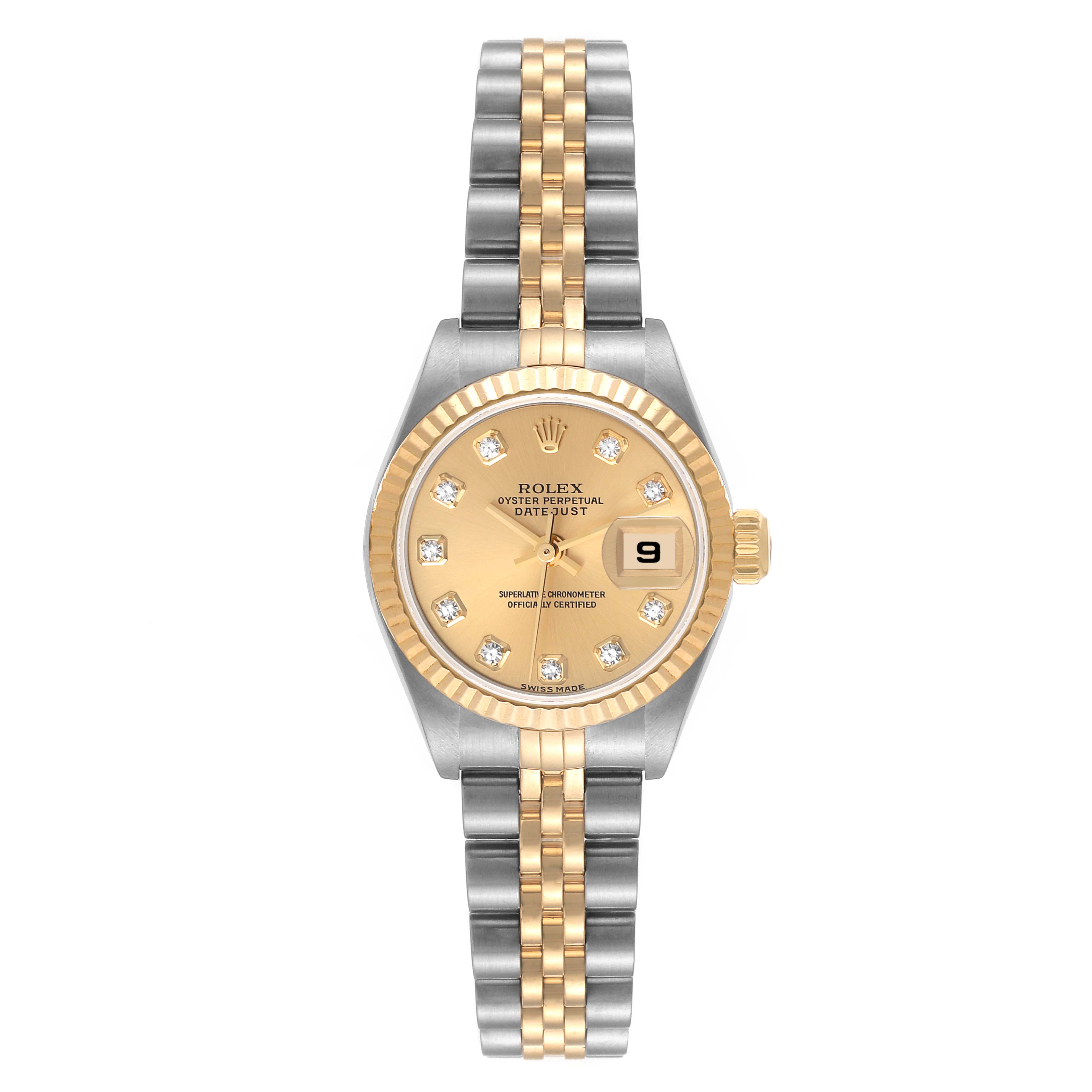 The image shows a front view of a Rolex Datejust 79173 Women's Steel and Gold (two tone) Champagne Dial 79173 Women's Steel and Gold (two tone) Champagne Dial watch, displaying its dial, bracelet, and fluted bezel.