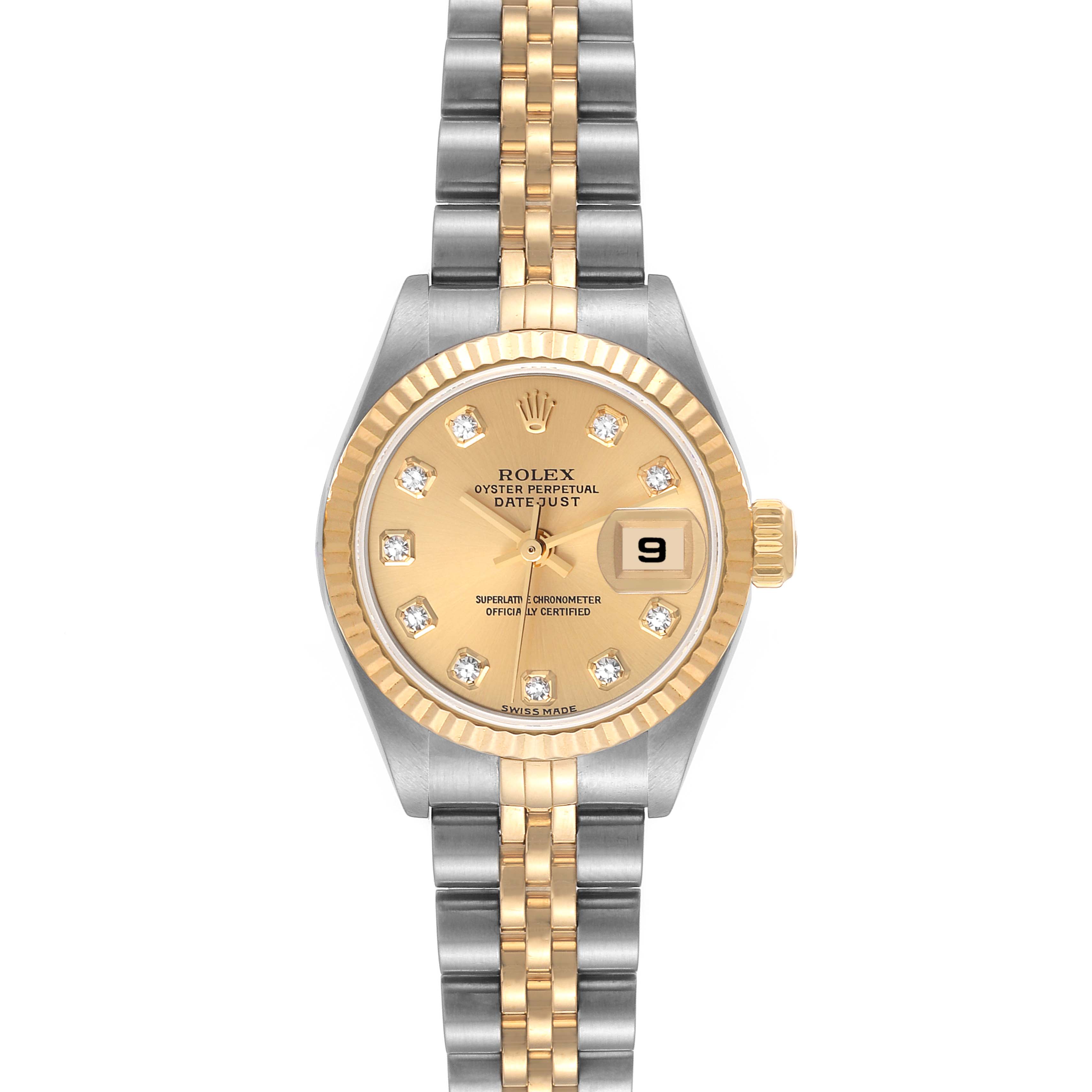 The image shows a frontal view of a Rolex Datejust 79173 Women's Steel and Gold (two tone) Champagne Dial 79173 Women's Steel and Gold (two tone) Champagne Dial watch, featuring a two-tone metal bracelet and diamond hour markers.