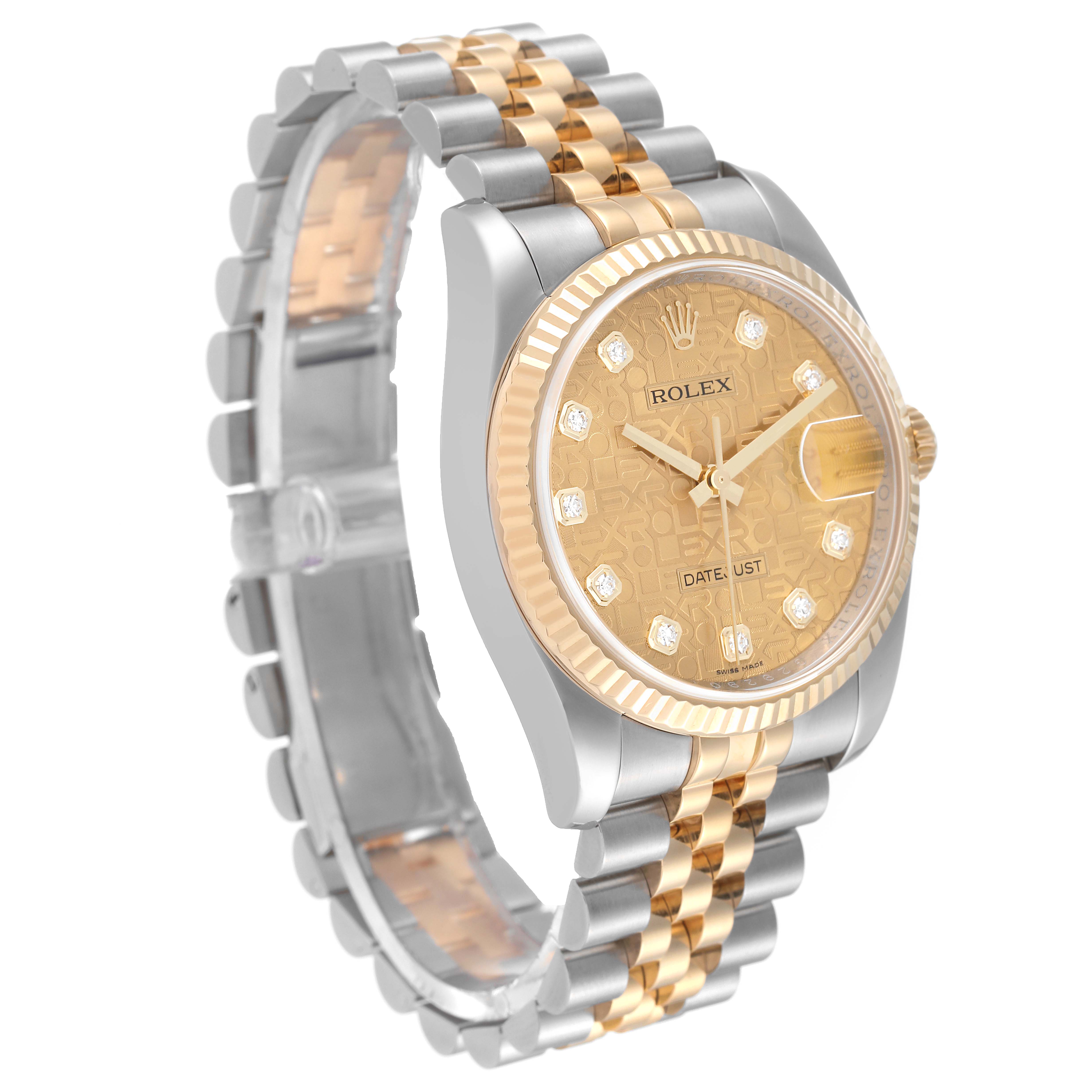 The Rolex Datejust 116233 Men's Steel and Gold (two tone) Champagne Dial 116233 Men's Steel and Gold (two tone) Champagne Dial watch is shown at an angled side view, highlighting its face, bezel, and two-tone bracelet.