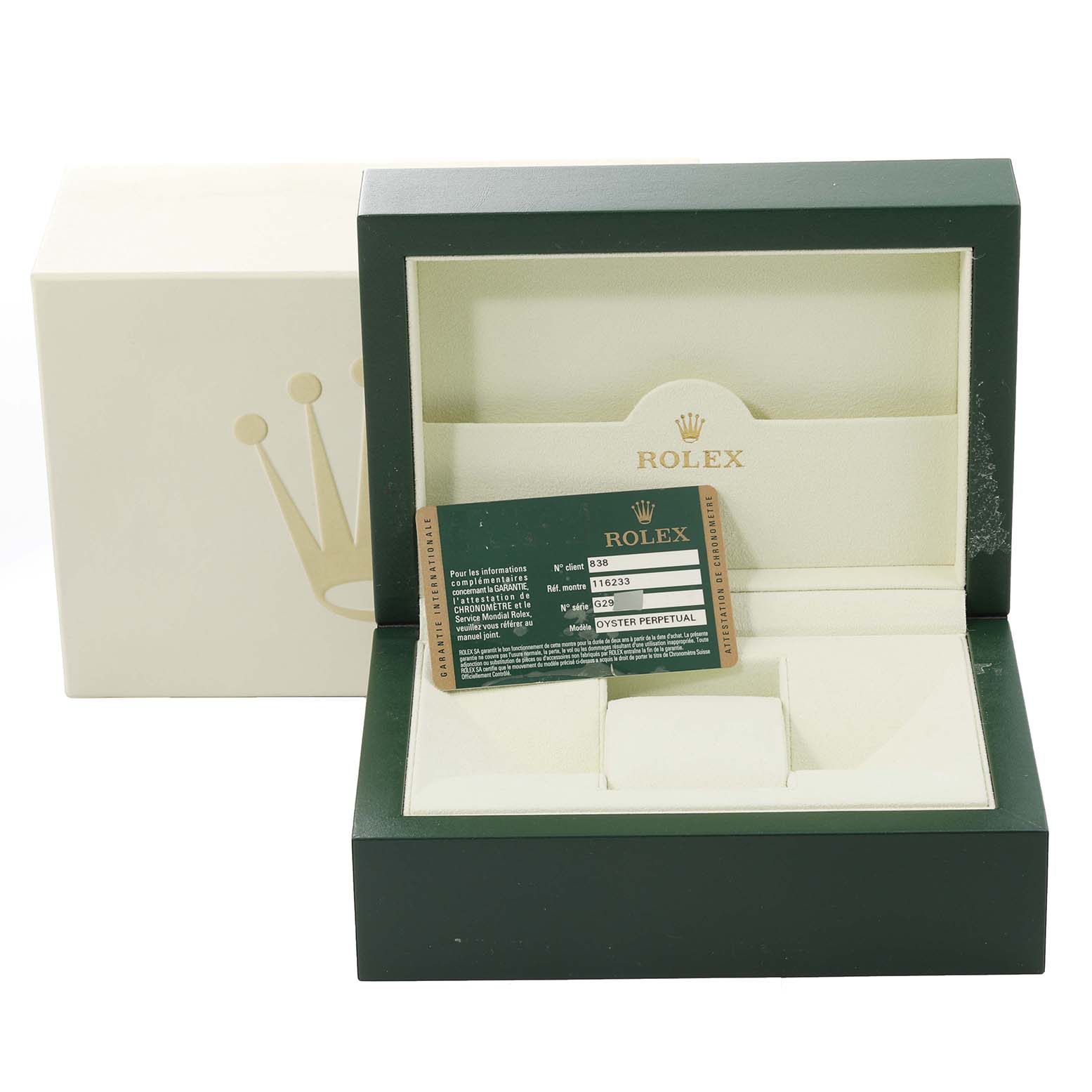 The image shows an open Rolex box for a Datejust model, along with a card displaying model and serial numbers.