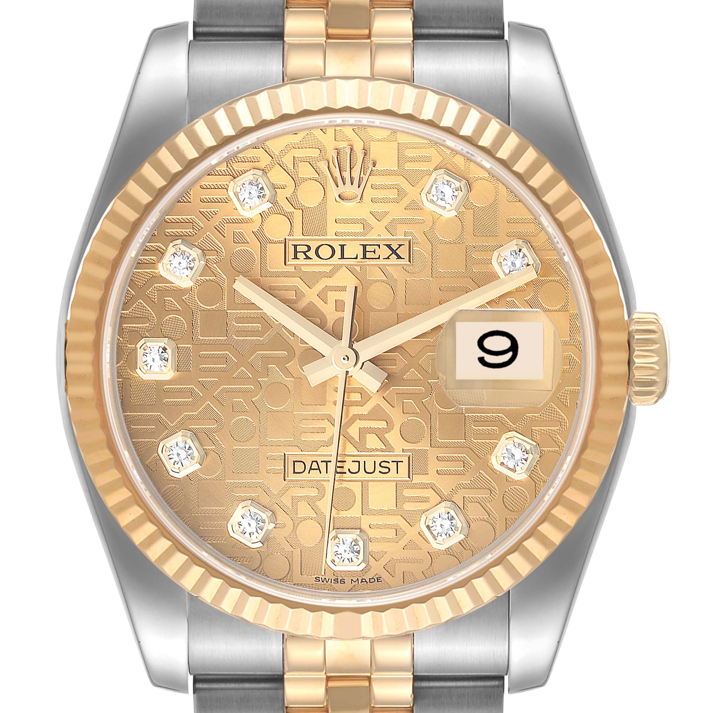 This image shows a close-up, frontal view of the dial and bezel of a Rolex Datejust 116233 Men's Steel and Gold (two tone) Champagne Dial 116233 Men's Steel and Gold (two tone) Champagne Dial watch.