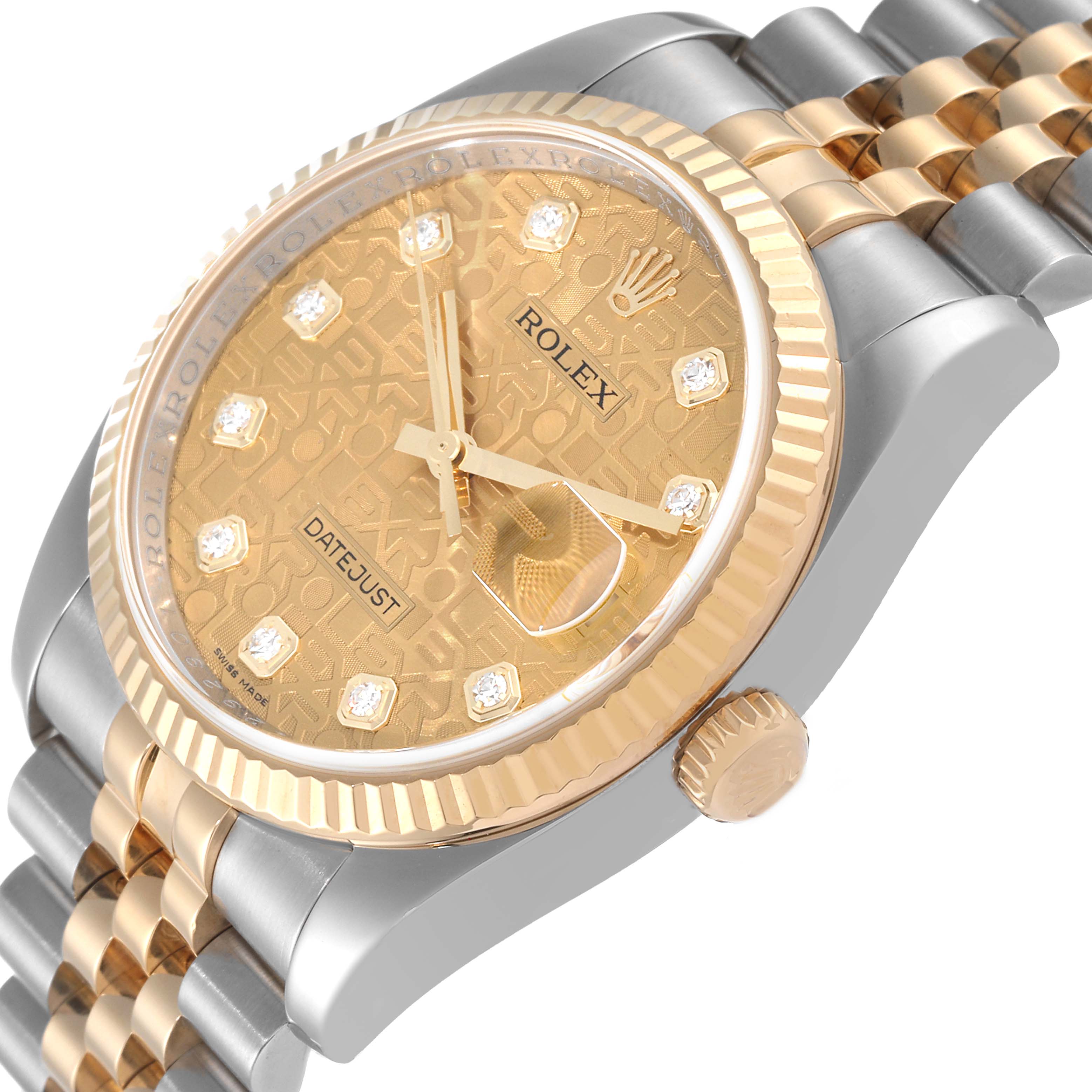 The image shows a close-up angled view of the Rolex Datejust 116233 Men's Steel and Gold (two tone) Champagne Dial 116233 Men's Steel and Gold (two tone) Champagne Dial model, highlighting the dial, crown, and bracelet.