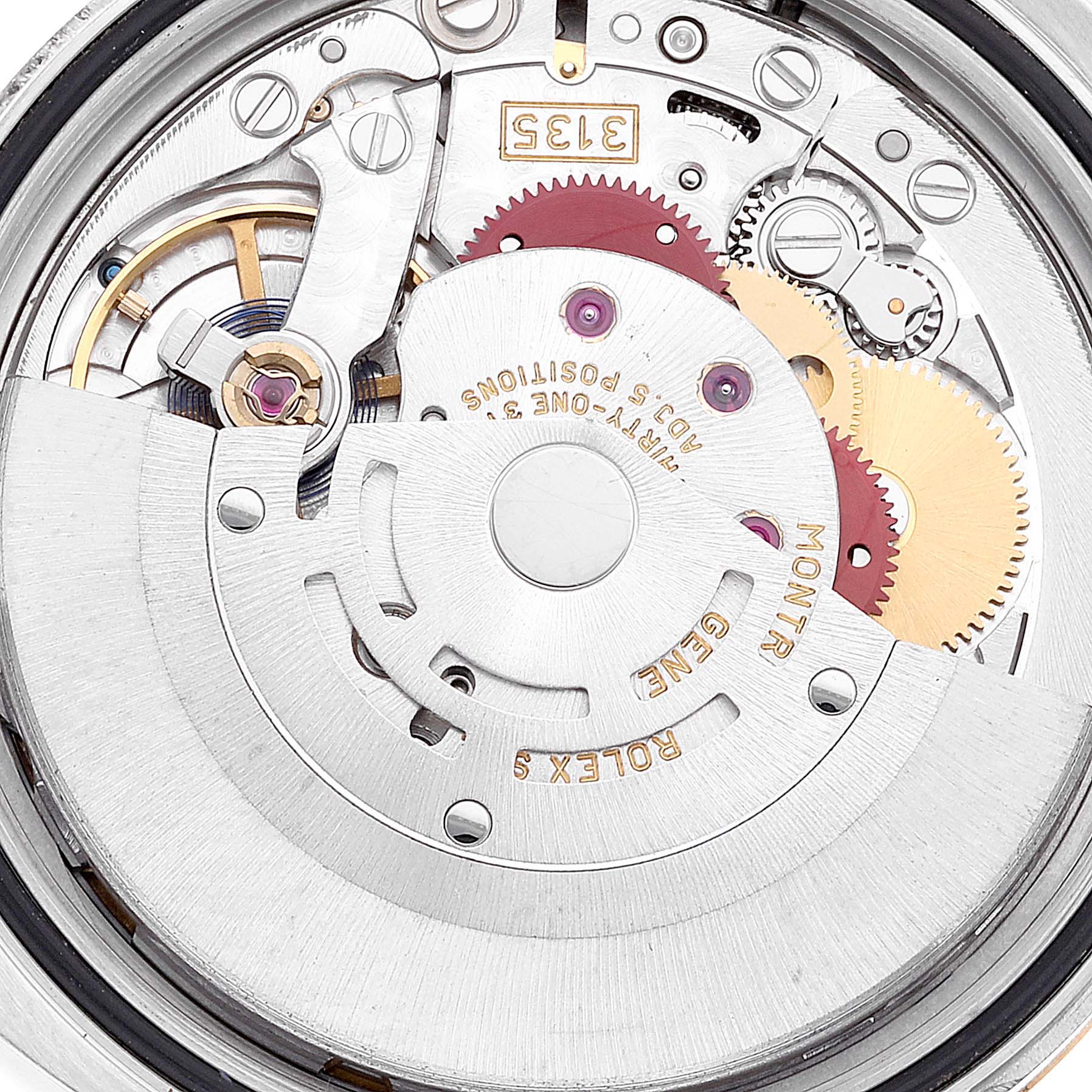 This image shows the internal mechanism and movement components of a Rolex Datejust 116233 Men's Steel and Gold (two tone) Champagne Dial 116233 Men's Steel and Gold (two tone) Champagne Dial watch.