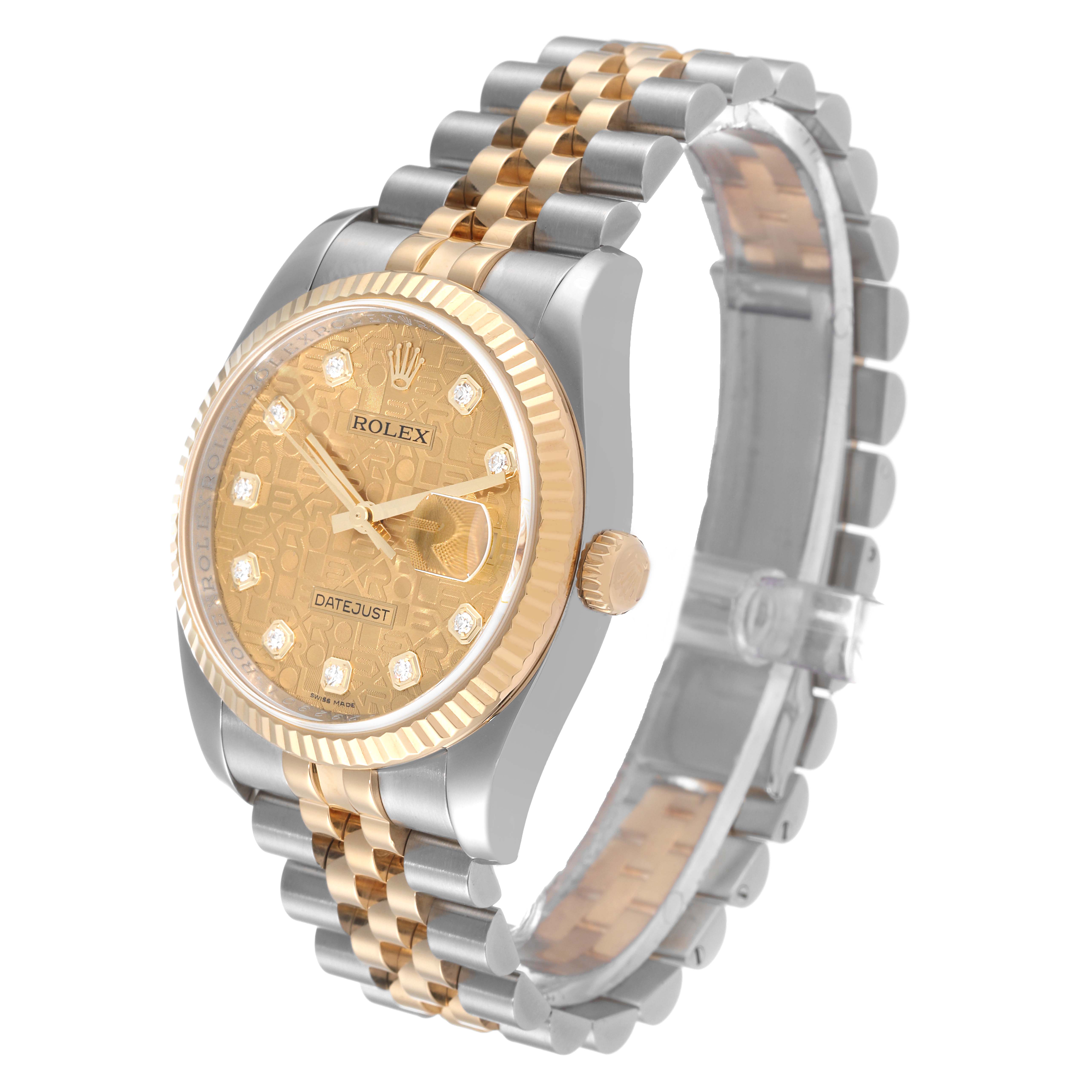 The image shows a side view of a Rolex Datejust 116233 Men's Steel and Gold (two tone) Champagne Dial 116233 Men's Steel and Gold (two tone) Champagne Dial watch, highlighting the dial, bezel, crown, and two-tone jubilee bracelet.