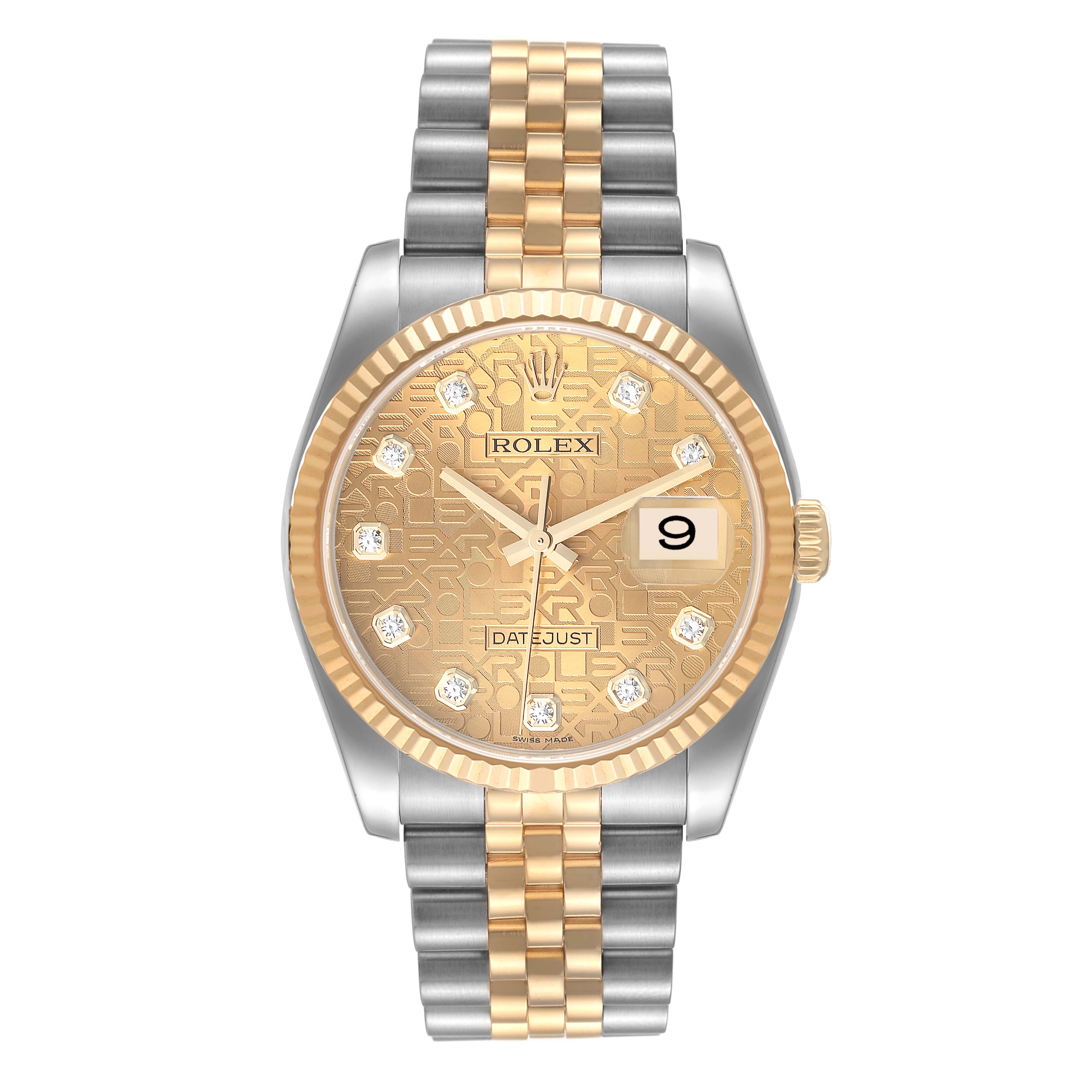 The Rolex Datejust 116233 Men's Steel and Gold (two tone) Champagne Dial 116233 Men's Steel and Gold (two tone) Champagne Dial watch is shown from the front, featuring a gold and silver two-tone bracelet, gold dial, and date window.
