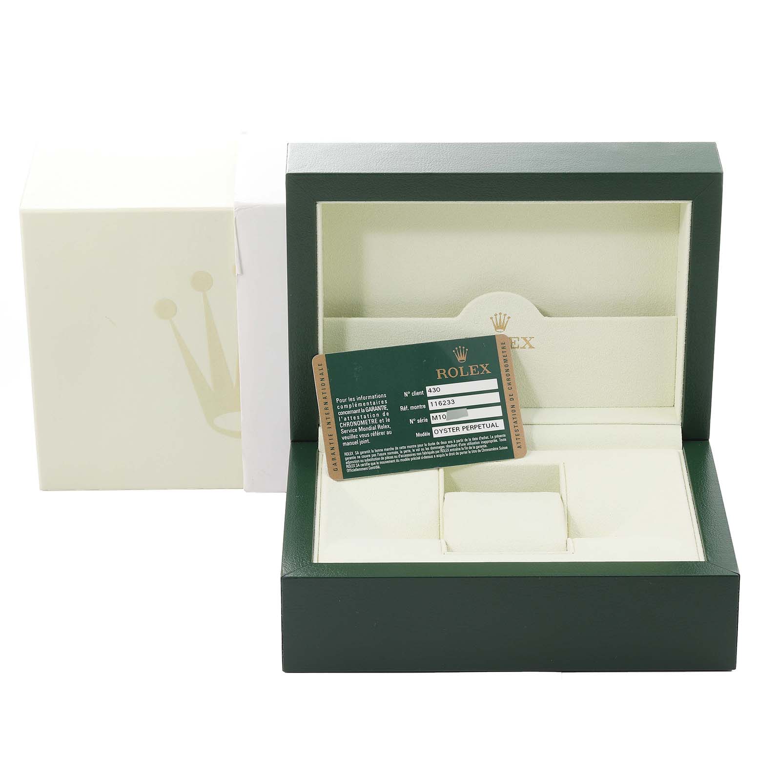 This image shows the open box and authentication card for a Rolex Datejust 116233 Men's Steel and Gold (two tone) Champagne Dial 116233 Men's Steel and Gold (two tone) Champagne Dial model.