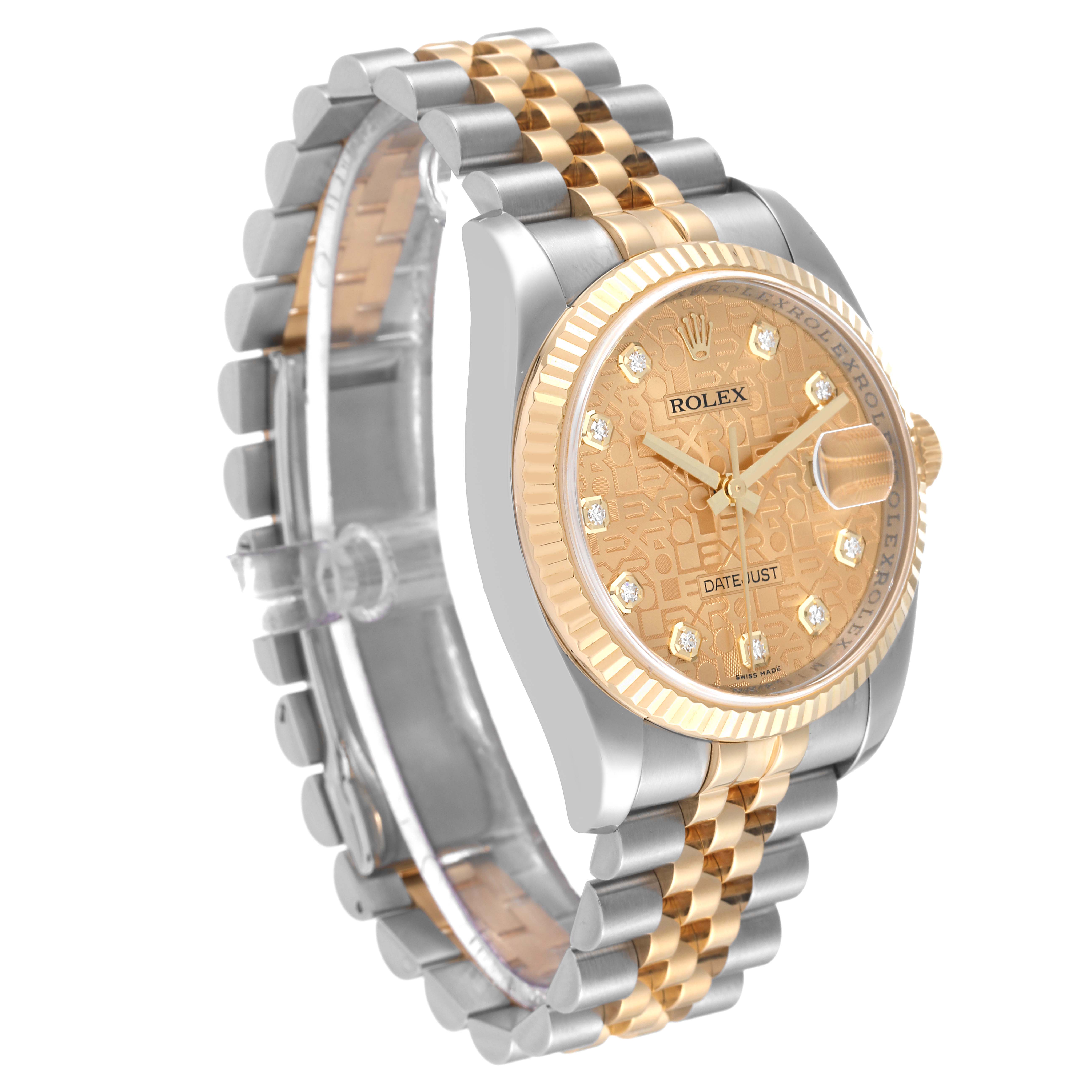 The Rolex Datejust 116233 Men's Steel and Gold (two tone) Champagne Dial 116233 Men's Steel and Gold (two tone) Champagne Dial watch is shown at a three-quarter angle, highlighting its two-tone bracelet, textured dial, and fluted bezel.