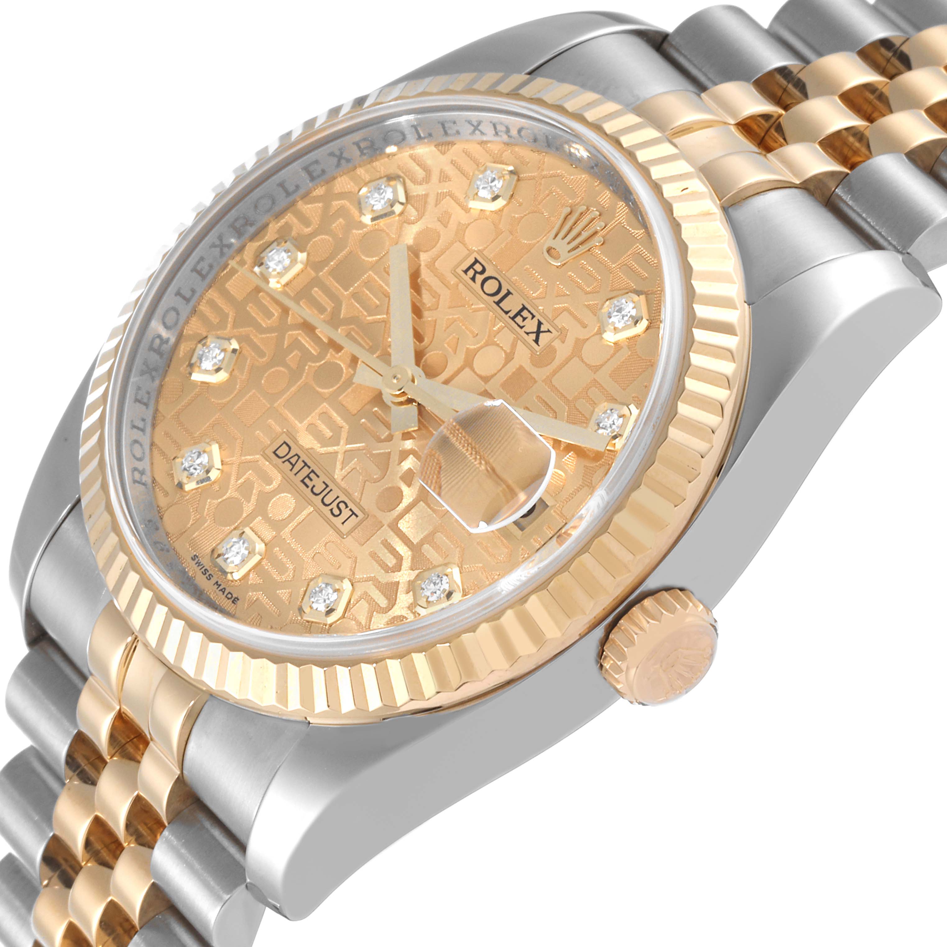 The Rolex Datejust 116233 Men's Steel and Gold (two tone) Champagne Dial 116233 Men's Steel and Gold (two tone) Champagne Dial watch is shown at a slight angle, highlighting its gold dial, fluted bezel, and two-tone bracelet.