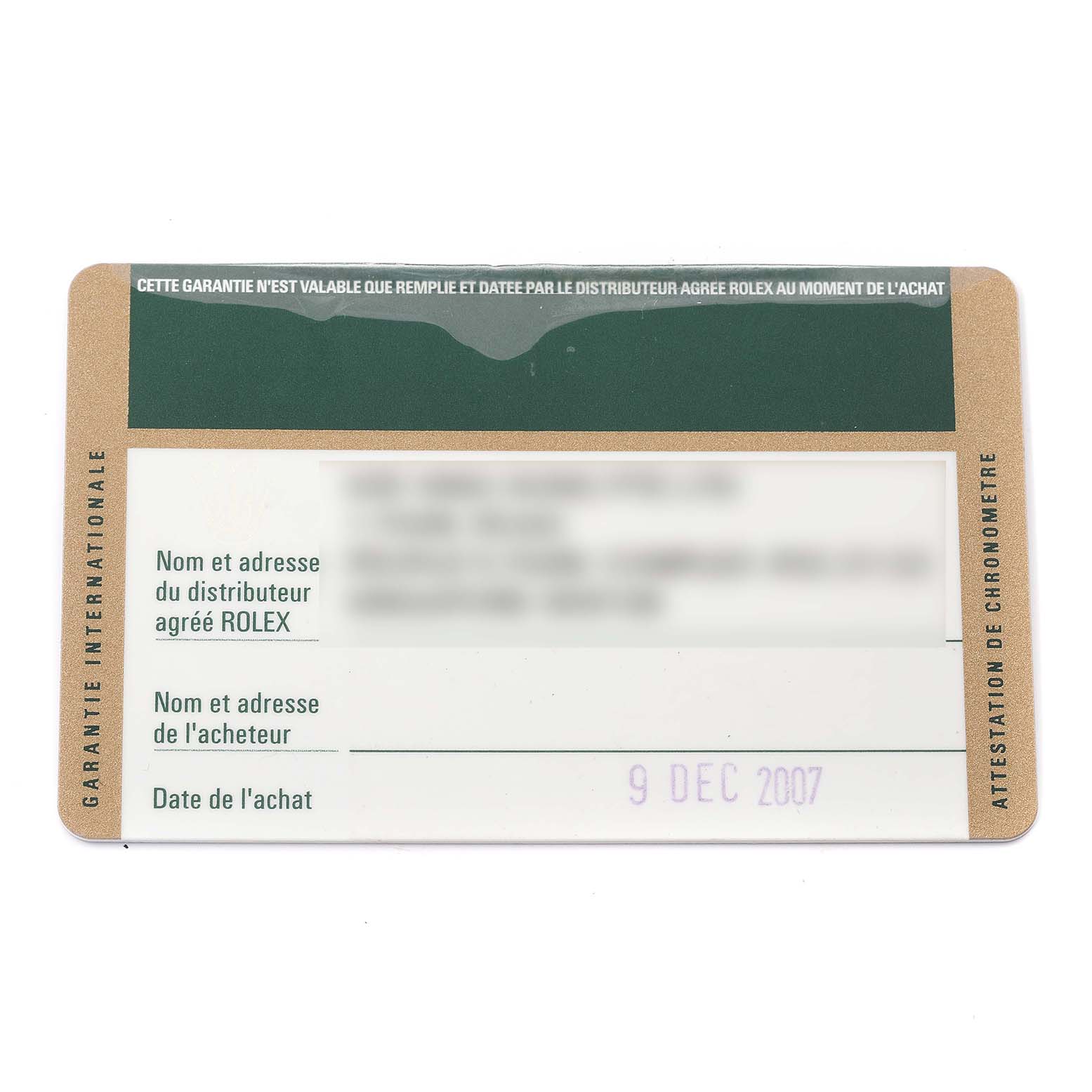 The image shows a warranty card for a Rolex Datejust 116233 Men's Steel and Gold (two tone) Champagne Dial 116233 Men's Steel and Gold (two tone) Champagne Dial watch, featuring fields for distributor and buyer information and a purchase date of 9 Dec 2007.