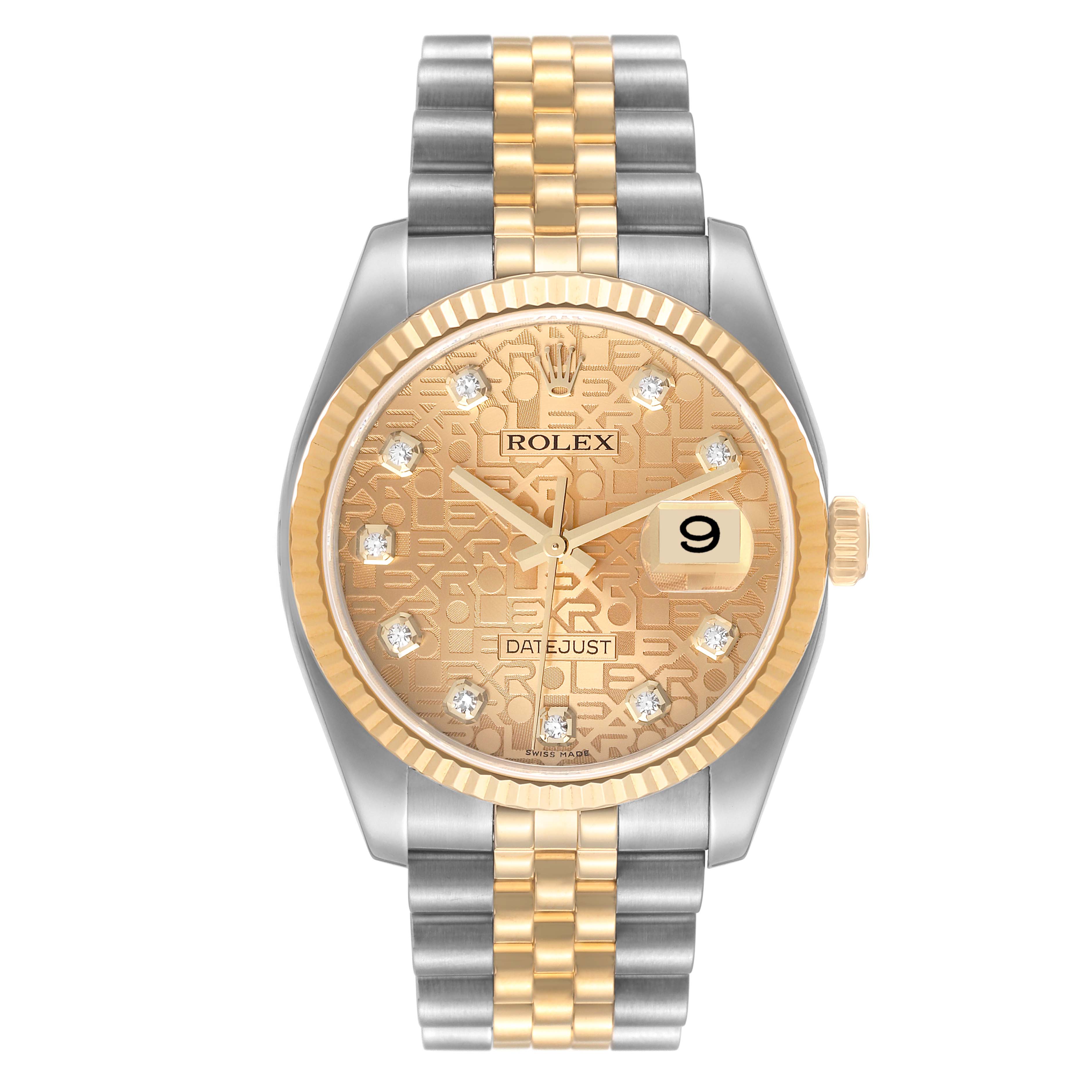 This image shows a front view of a Rolex Datejust 116233 Men's Steel and Gold (two tone) Champagne Dial 116233 Men's Steel and Gold (two tone) Champagne Dial watch with a gold and silver bracelet and a diamond-accented dial.