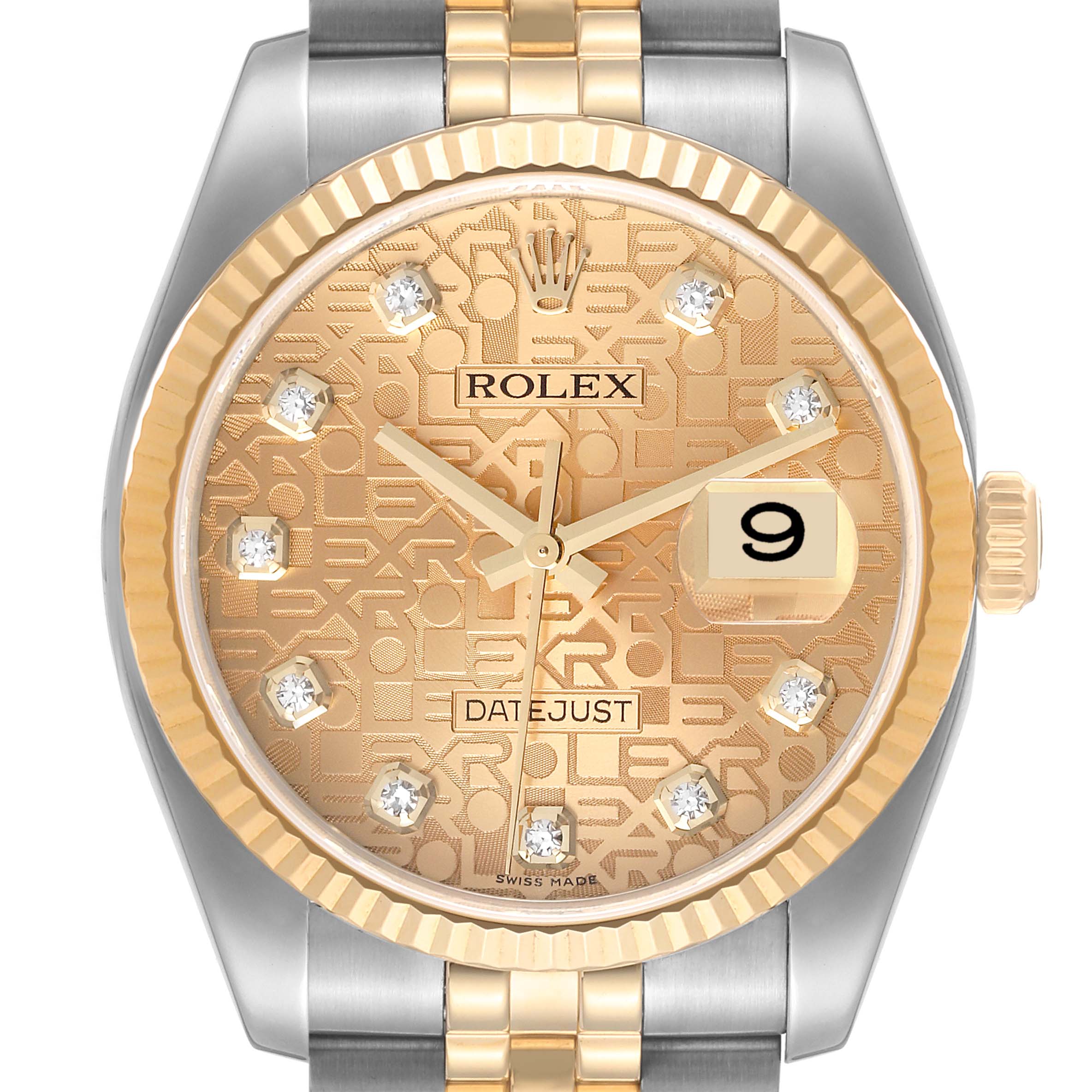 This image shows a frontal view of a Rolex Datejust 116233 Men's Steel and Gold (two tone) Champagne Dial 116233 Men's Steel and Gold (two tone) Champagne Dial watch, highlighting its gold dial, date window, diamond markers, and two-tone bracelet.