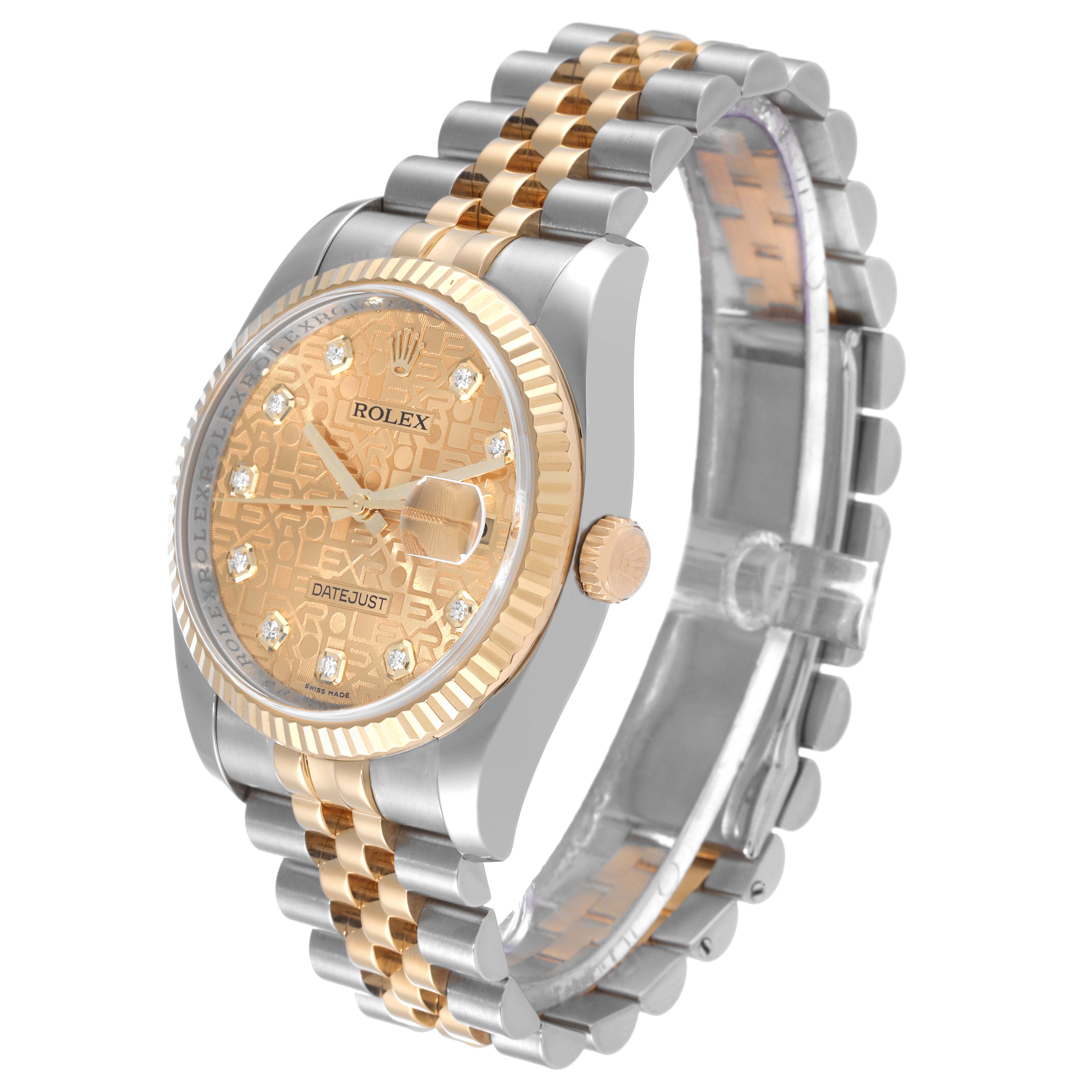 The image shows a Rolex Datejust 116233 Men's Steel and Gold (two tone) Champagne Dial 116233 Men's Steel and Gold (two tone) Champagne Dial watch at a three-quarter angle, featuring its dial, fluted bezel, crown, and Jubilee bracelet.