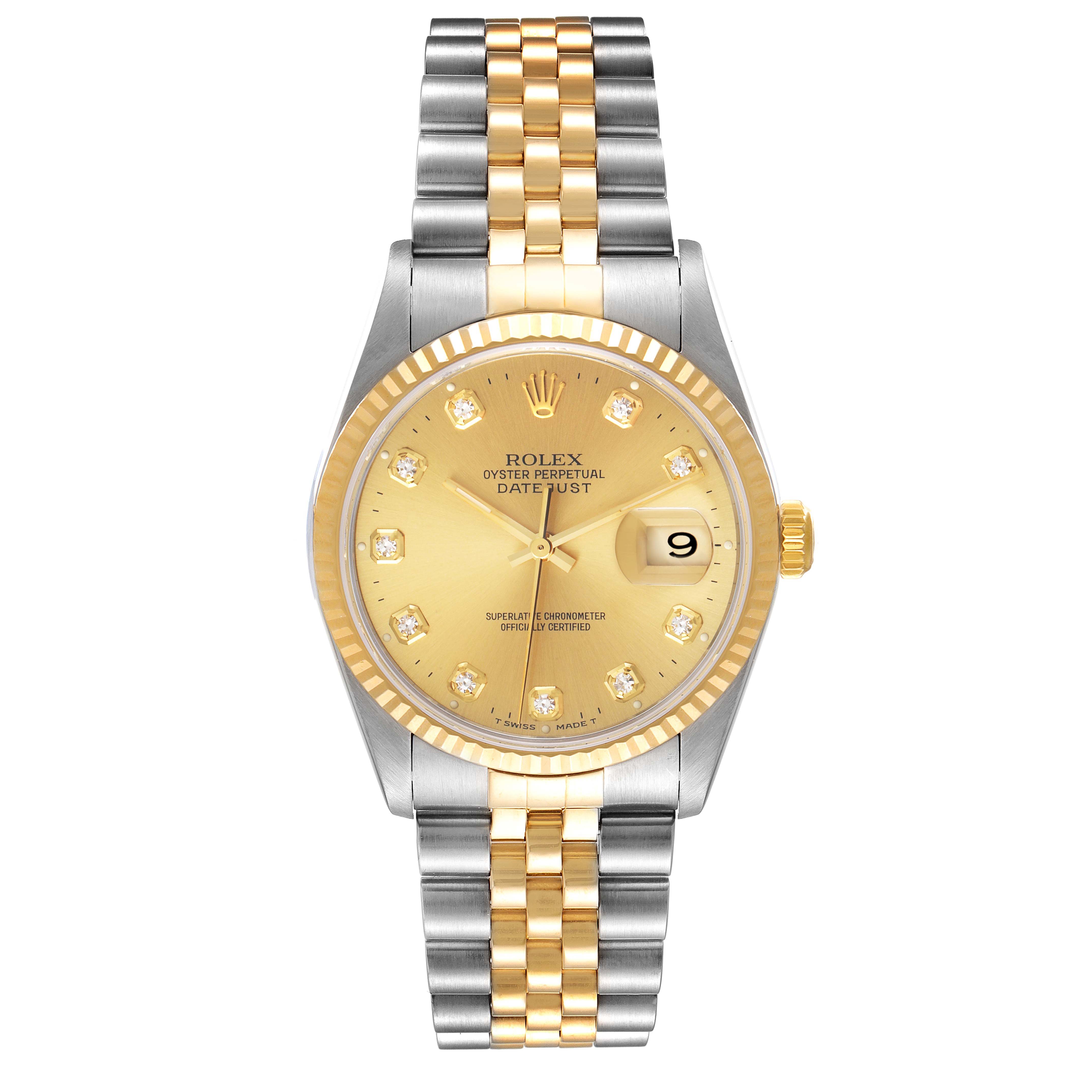 This image shows a frontal view of the Rolex Datejust 16233 Men's Steel and Gold (two tone) Champagne Dial 16233 Men's Steel and Gold (two tone) Champagne Dial watch, highlighting its dial, bezel, and two-tone bracelet.