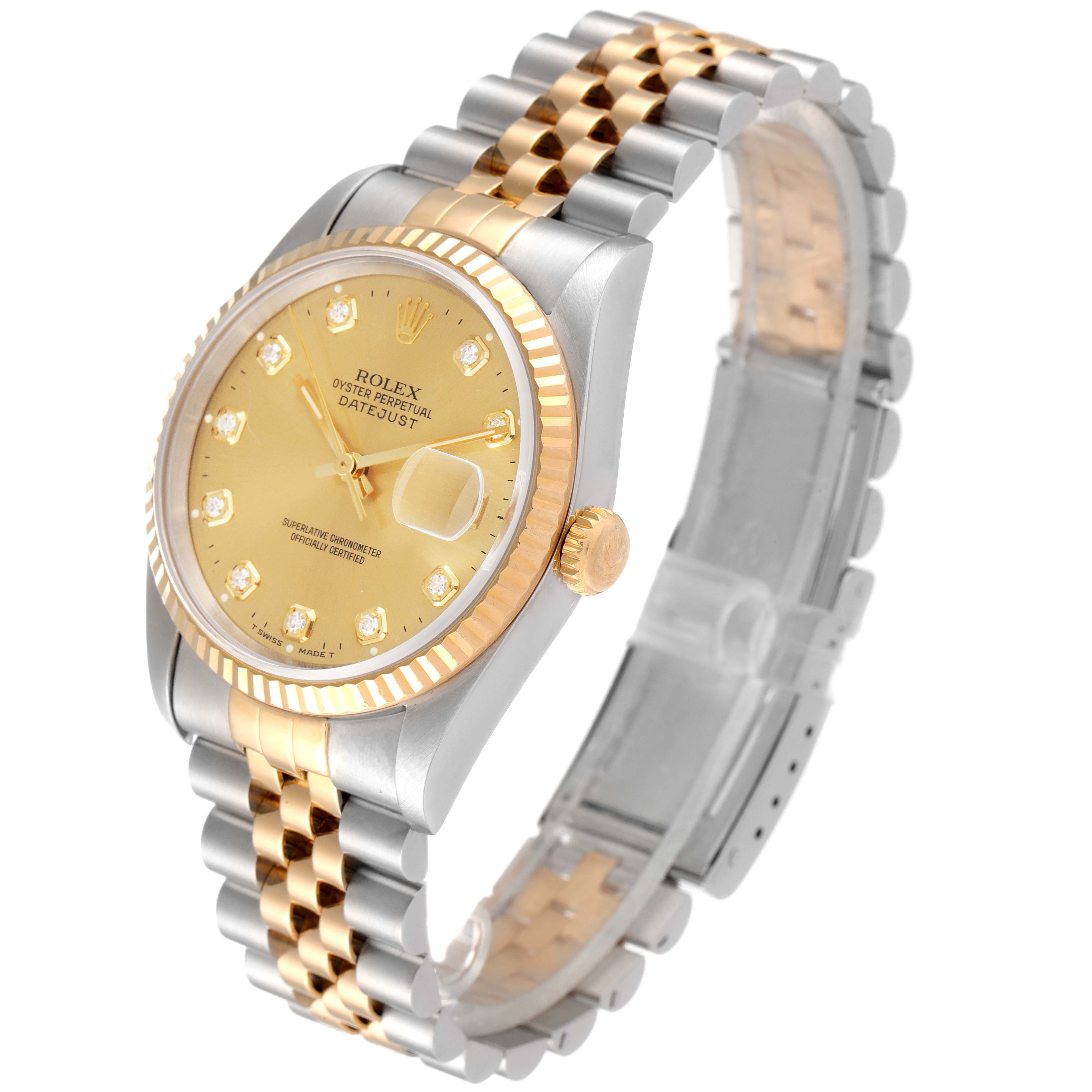 The Rolex Datejust 16233 Men's Steel and Gold (two tone) Champagne Dial 16233 Men's Steel and Gold (two tone) Champagne Dial watch is shown at a three-quarter front view, highlighting its gold dial, fluted bezel, and two-tone Jubilee bracelet.