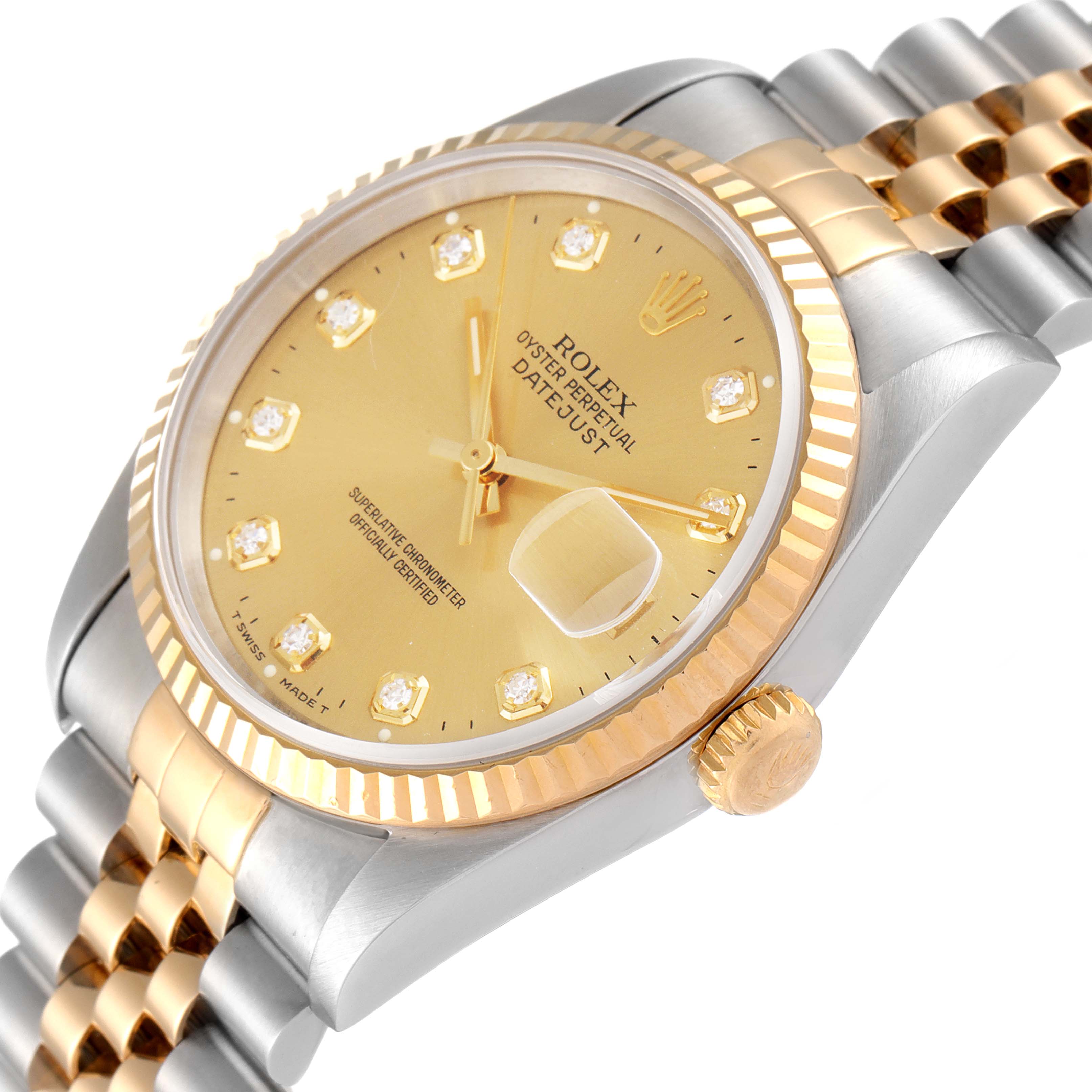 This image shows a close-up angled view of a Rolex Datejust 16233 Men's Steel and Gold (two tone) Champagne Dial 16233 Men's Steel and Gold (two tone) Champagne Dial watch, highlighting its dial, bezel, crown, and bracelet.