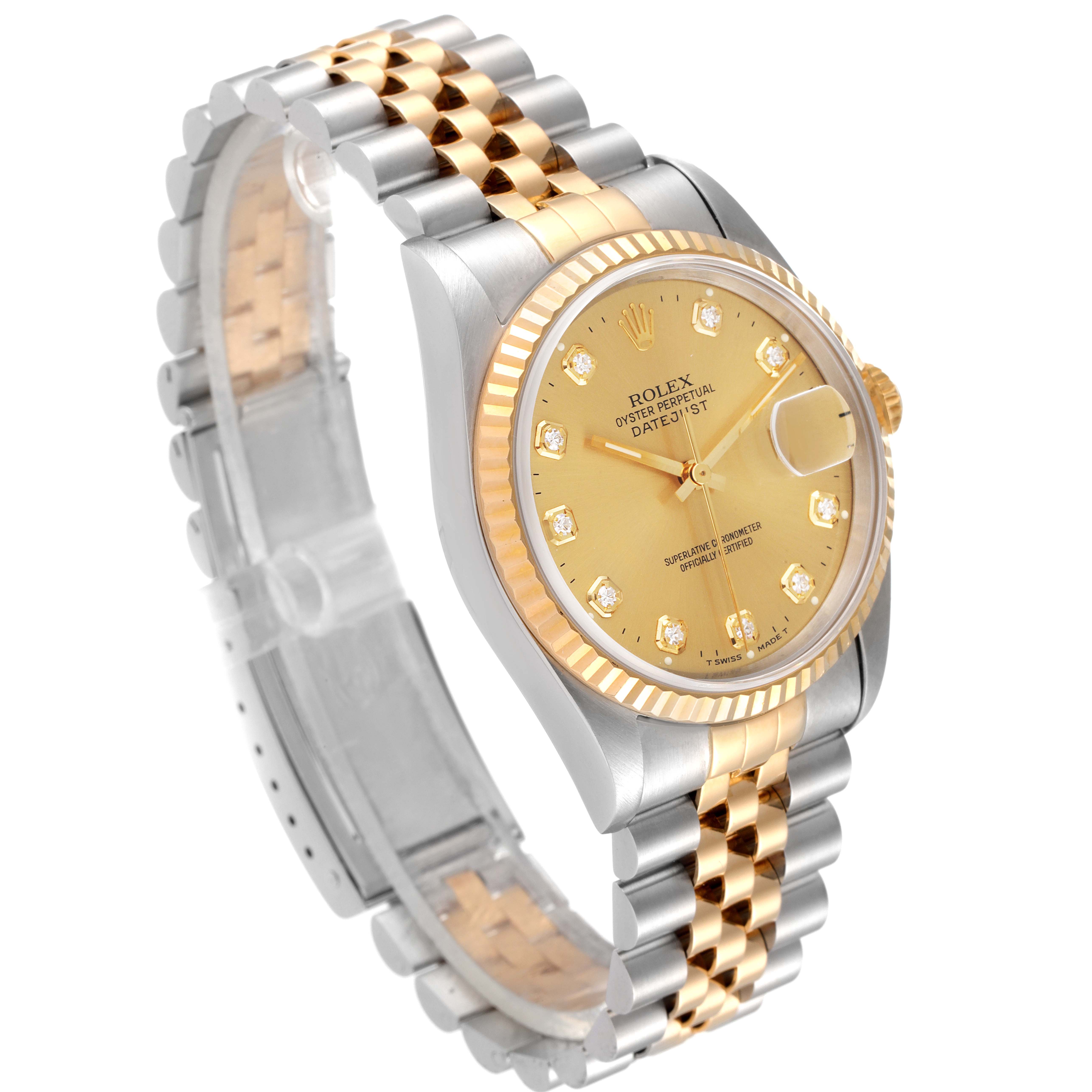This image shows a Rolex Datejust 16233 Men's Steel and Gold (two tone) Champagne Dial 16233 Men's Steel and Gold (two tone) Champagne Dial watch from an angle highlighting its face, bezel, and two-tone bracelet.