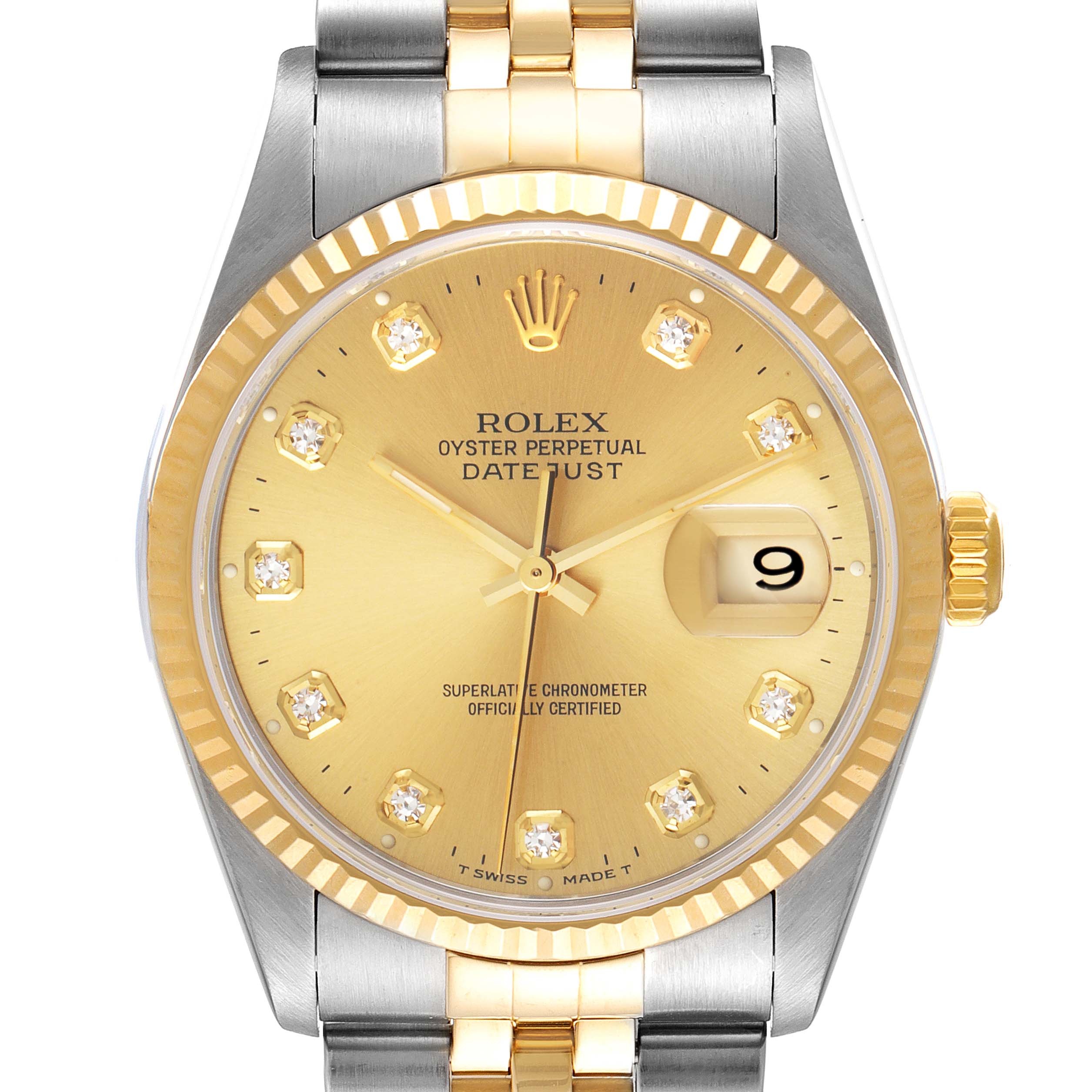 This image shows a Rolex Datejust 16233 Men's Steel and Gold (two tone) Champagne Dial 16233 Men's Steel and Gold (two tone) Champagne Dial watch from a front angle, highlighting the two-tone bracelet, gold dial, fluted bezel, and date window.