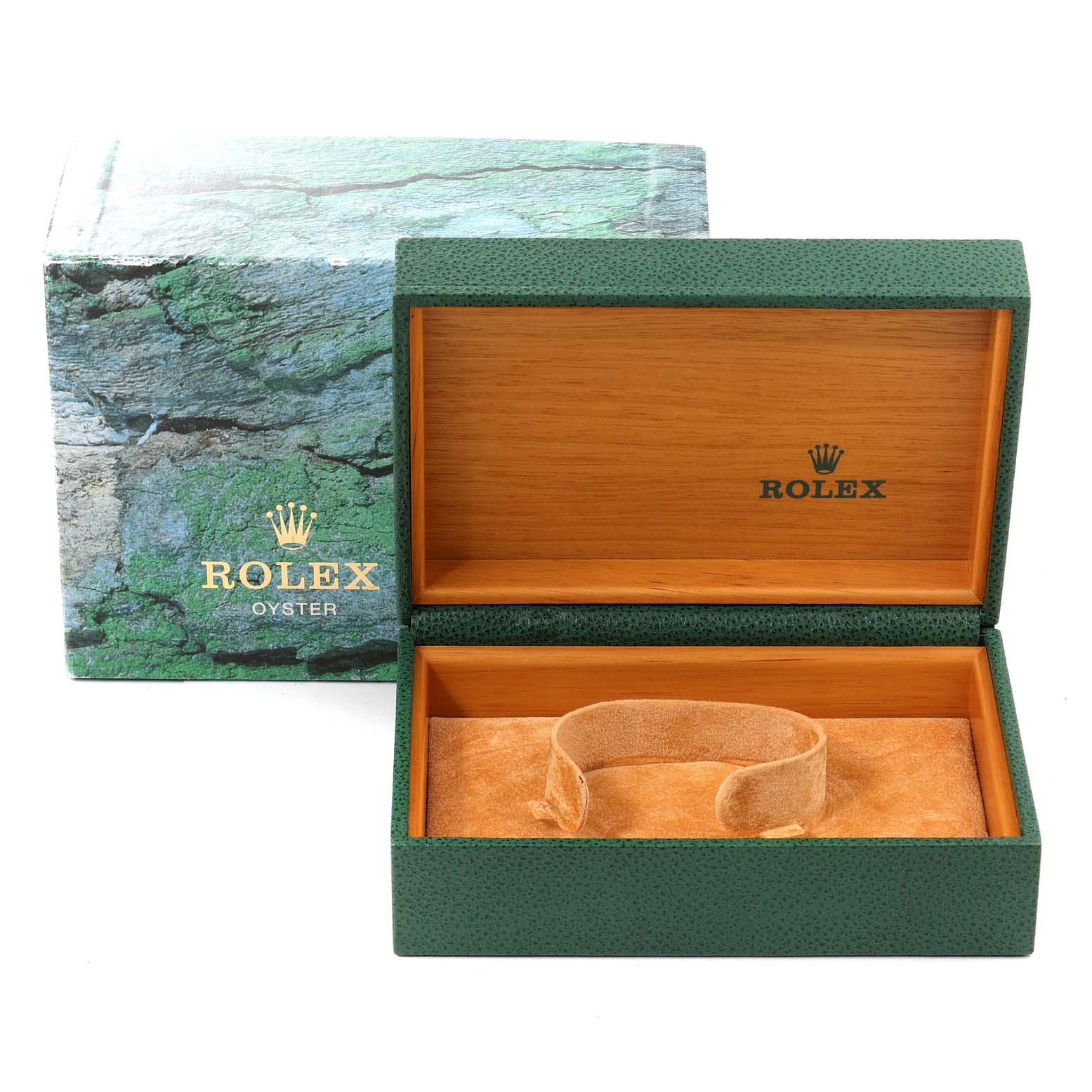 The image shows an opened green Rolex Datejust 16233 Men's Steel and Gold (two tone) Champagne Dial 16233 Men's Steel and Gold (two tone) Champagne Dial watch box with the outer box and cushion holder visible.