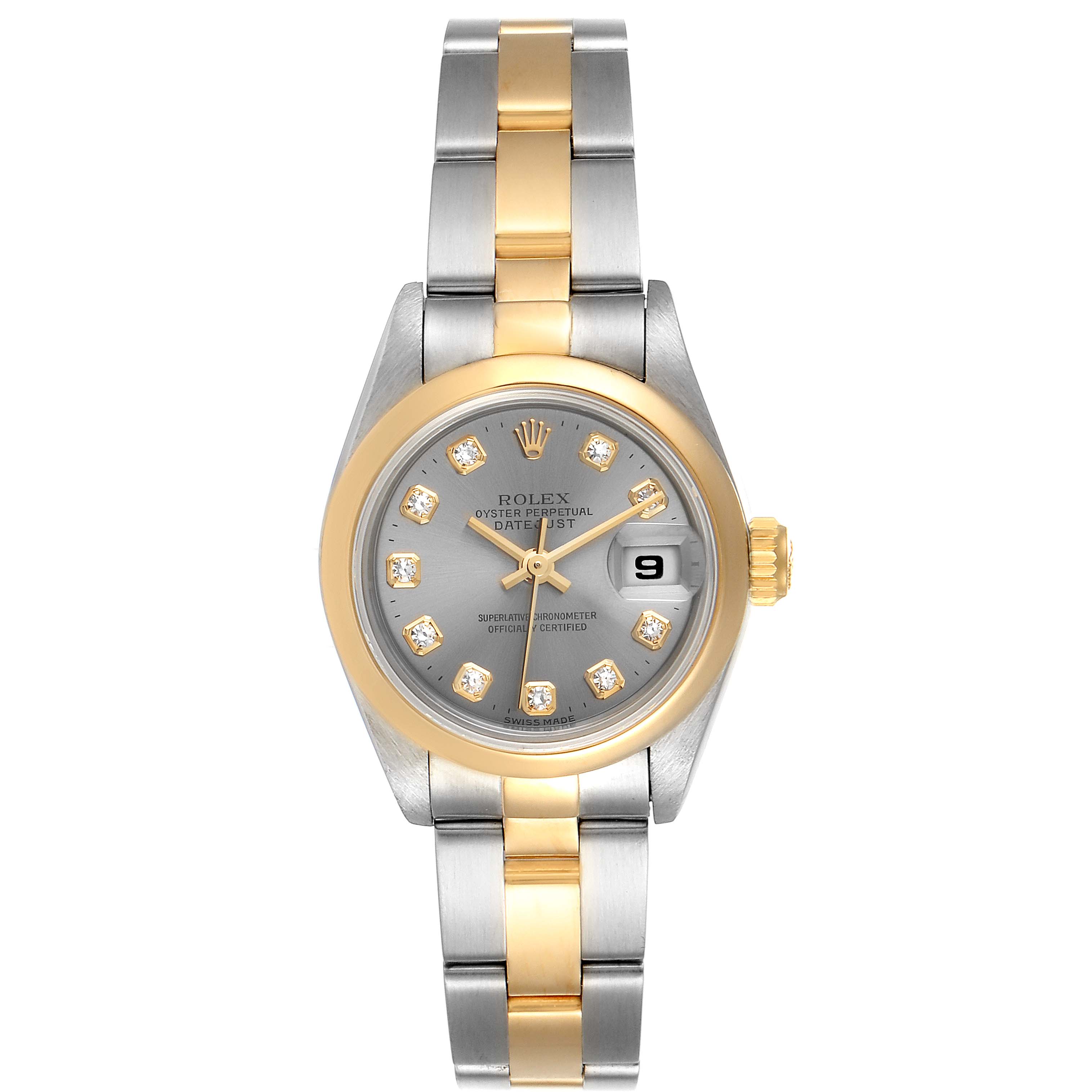 This image shows a front view of the Rolex Datejust 69163 Women's Steel and Gold (two tone) Grey Dial 69163 Women's Steel and Gold (two tone) Grey Dial watch, featuring a silver dial with diamond hour markers and a two-tone metal strap.