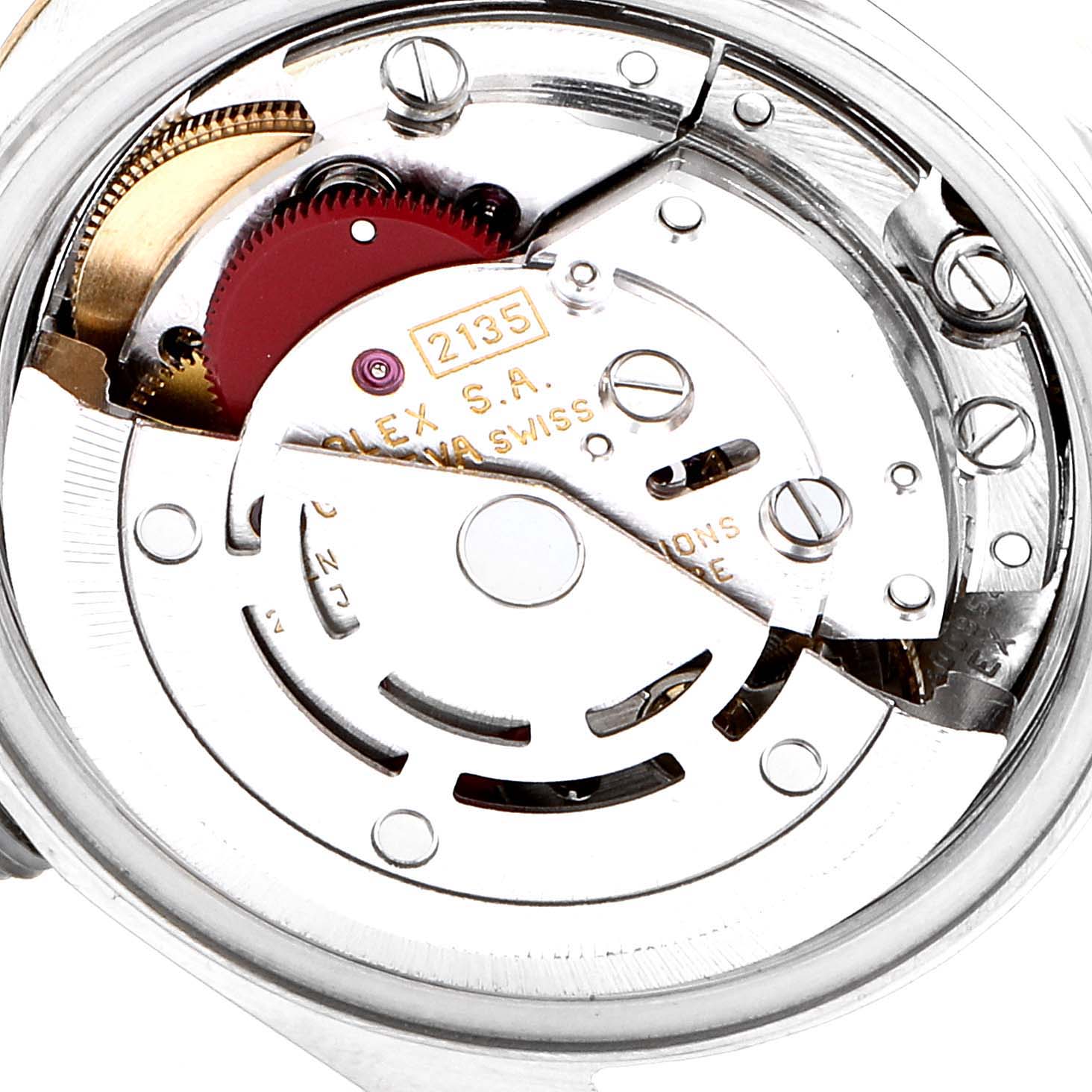 This image shows a close-up of the movement mechanism inside a Rolex Datejust 69163 Women's Steel and Gold (two tone) Grey Dial 69163 Women's Steel and Gold (two tone) Grey Dial watch.