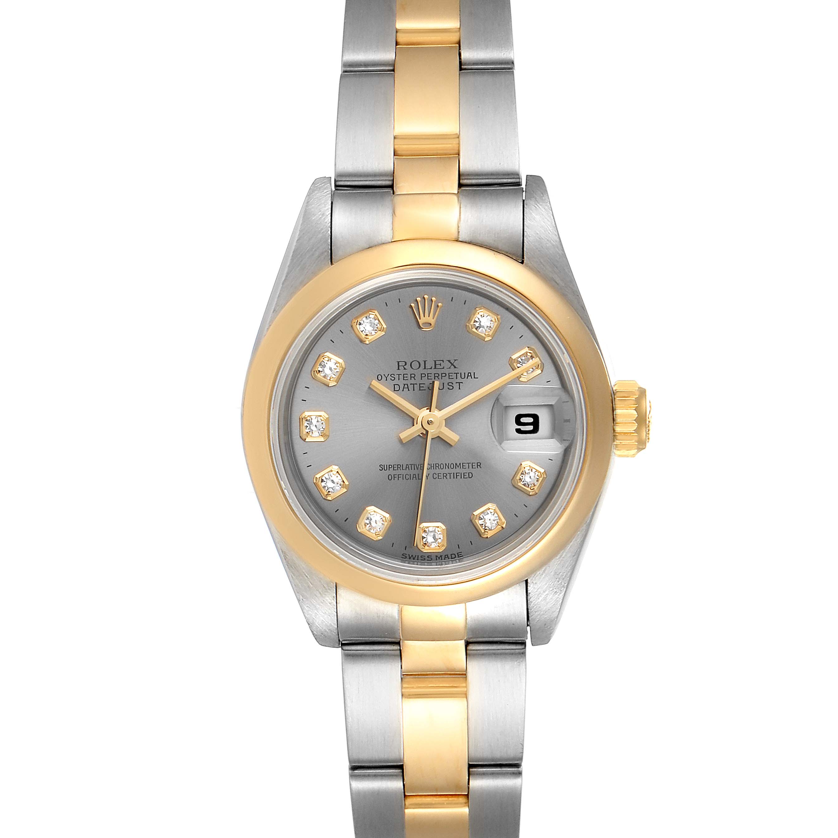 This image shows a Rolex Datejust 69163 Women's Steel and Gold (two tone) Grey Dial 69163 Women's Steel and Gold (two tone) Grey Dial model watch from the front, displaying its bezel, dial, bracelet, and date window.