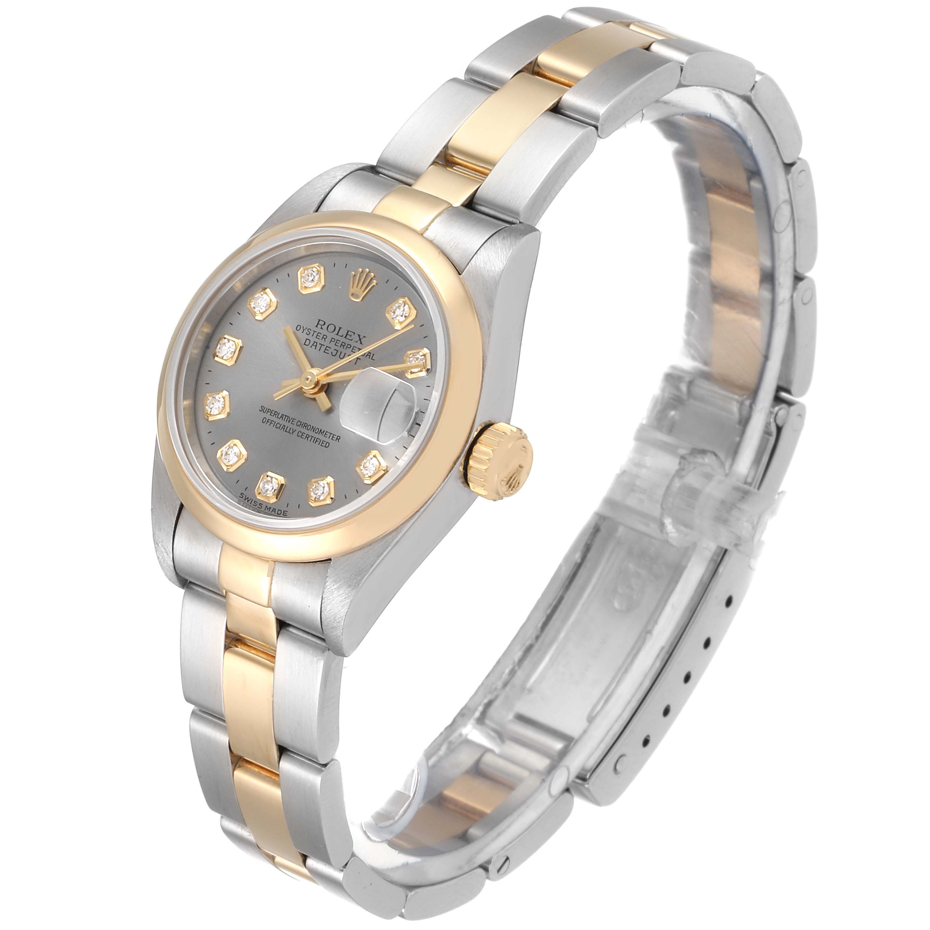 The image shows a Rolex Datejust 69163 Women's Steel and Gold (two tone) Grey Dial 69163 Women's Steel and Gold (two tone) Grey Dial watch from an angle that highlights its silver and gold bracelet, bezel, crown, and diamond hour markers.