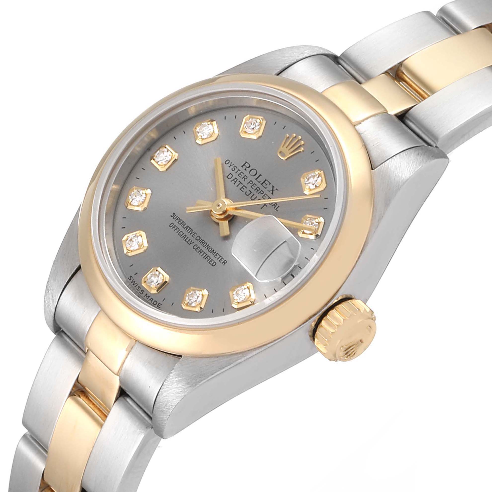 The image shows a Rolex Datejust 69163 Women's Steel and Gold (two tone) Grey Dial 69163 Women's Steel and Gold (two tone) Grey Dial watch from an angled close-up, highlighting the dial, bezel, crown, and part of the bracelet.