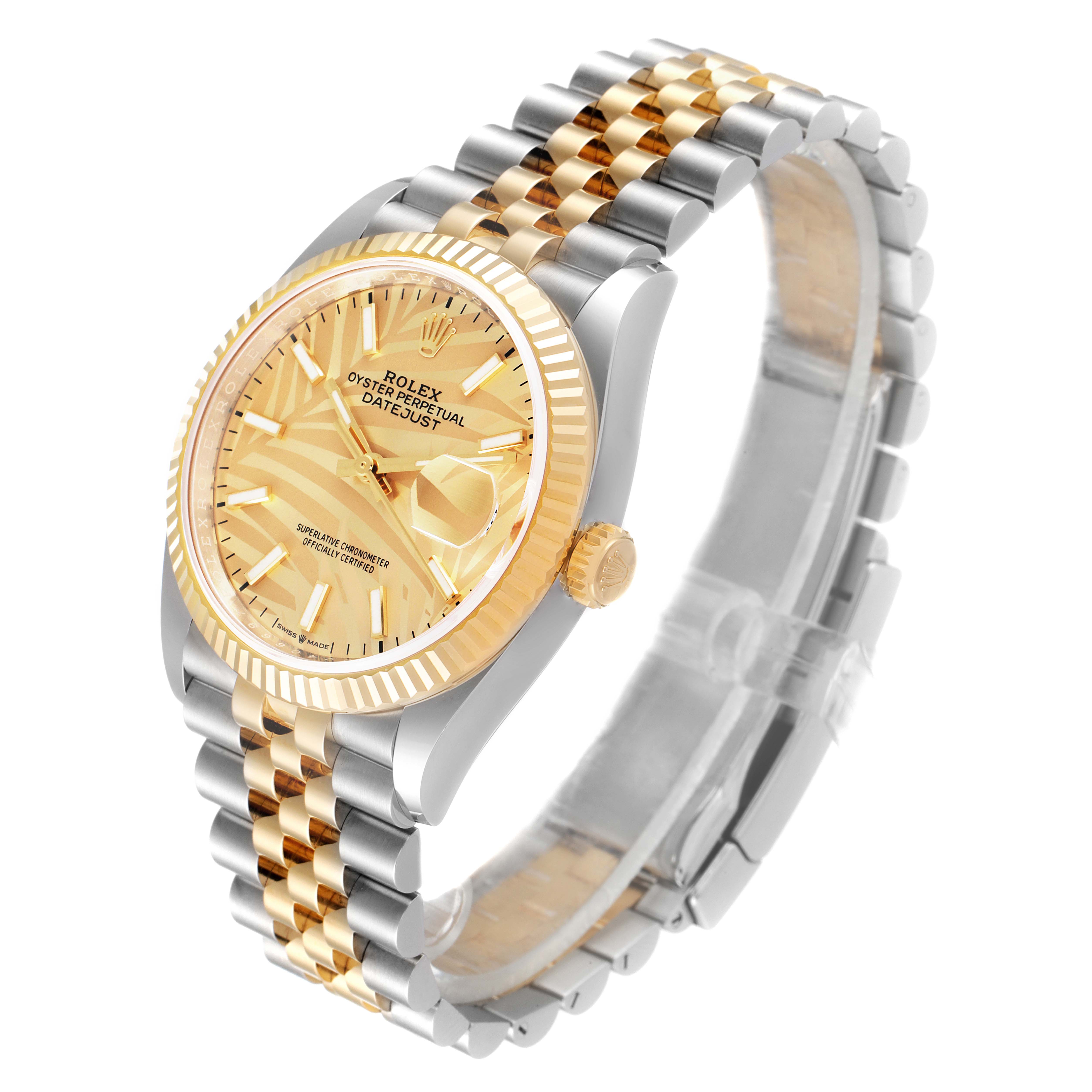 The image shows a Rolex Datejust 126233 Men's Steel and Gold (two tone) Champagne Dial 126233 Men's Steel and Gold (two tone) Champagne Dial watch at an angled view, highlighting its two-tone bracelet, gold dial, and fluted bezel.