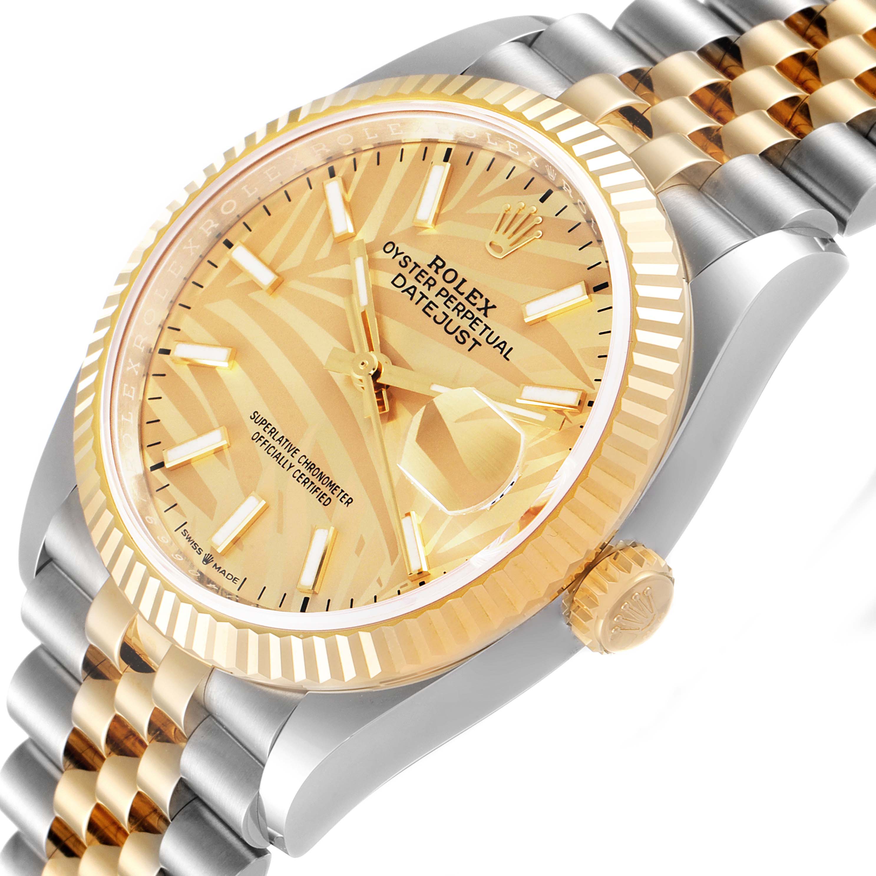 This angled view of the Rolex Datejust 126233 Men's Steel and Gold (two tone) Champagne Dial 126233 Men's Steel and Gold (two tone) Champagne Dial watch shows the dial, fluted bezel, crown, and part of the jubilee bracelet.