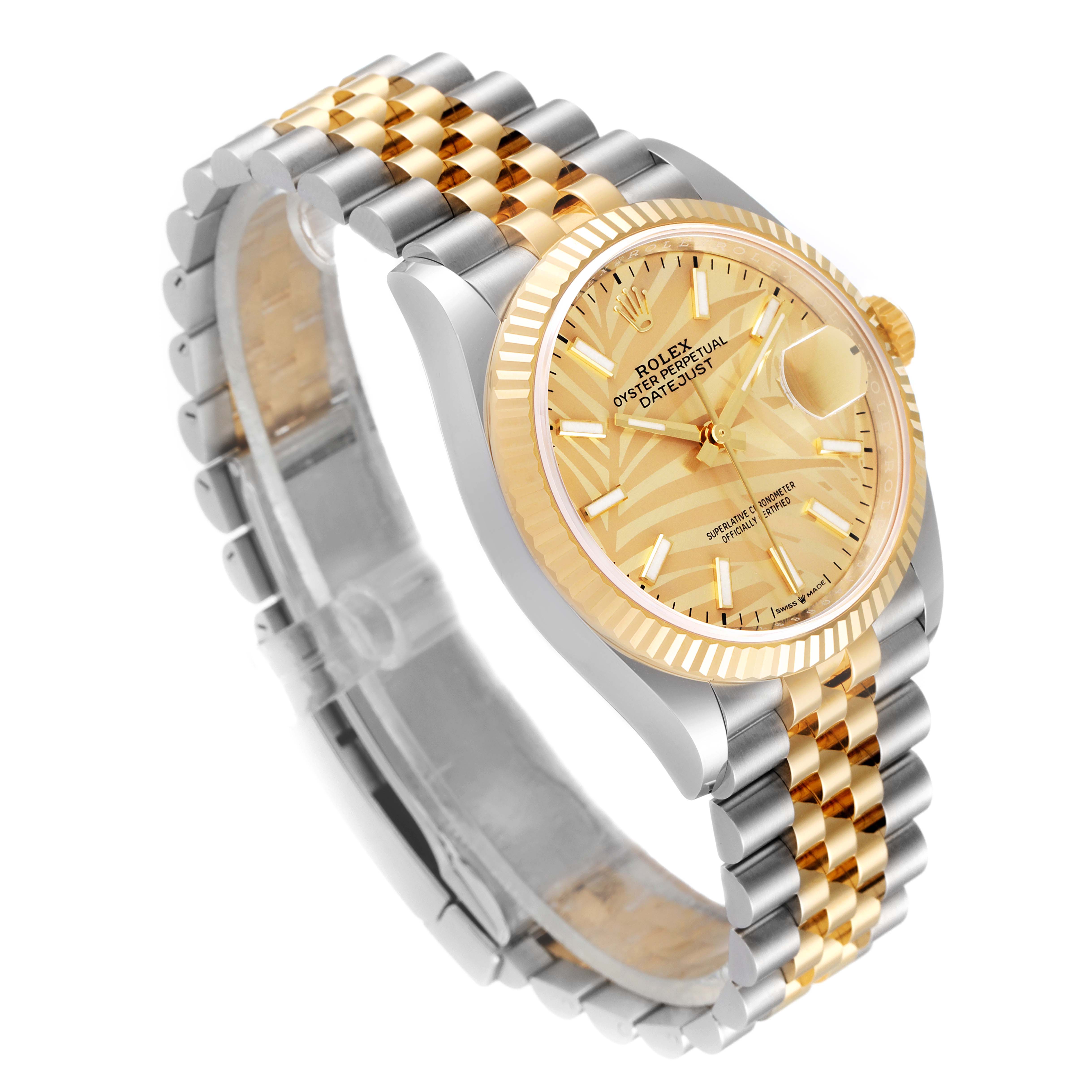 The image shows a side angle of the Rolex Datejust 126233 Men's Steel and Gold (two tone) Champagne Dial 126233 Men's Steel and Gold (two tone) Champagne Dial watch, highlighting its bezel, dial, and two-tone bracelet.