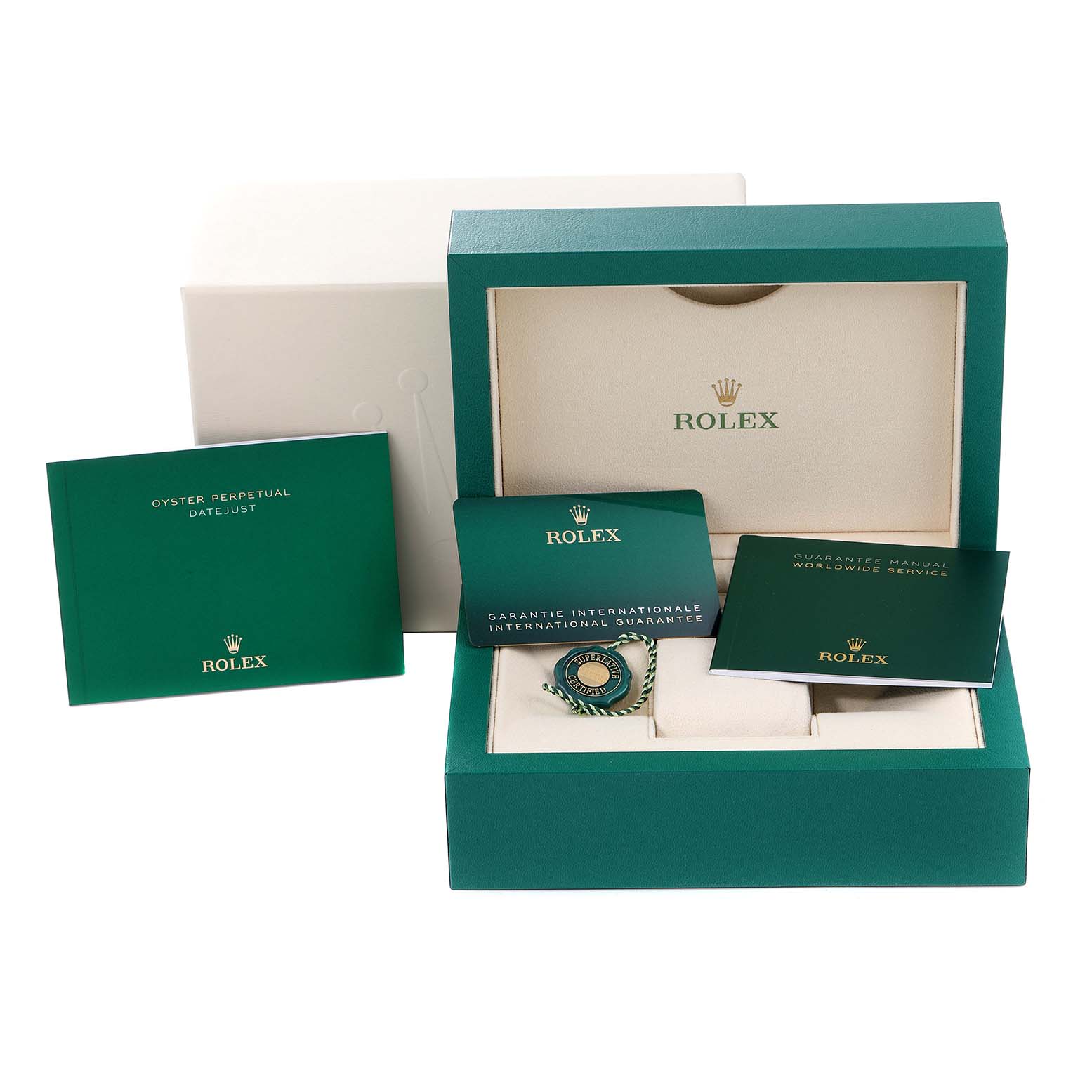 The image shows a Rolex Datejust 126233 Men's Steel and Gold (two tone) Champagne Dial 126233 Men's Steel and Gold (two tone) Champagne Dial box and accessories, including manuals, a guarantee card, and a medallion.