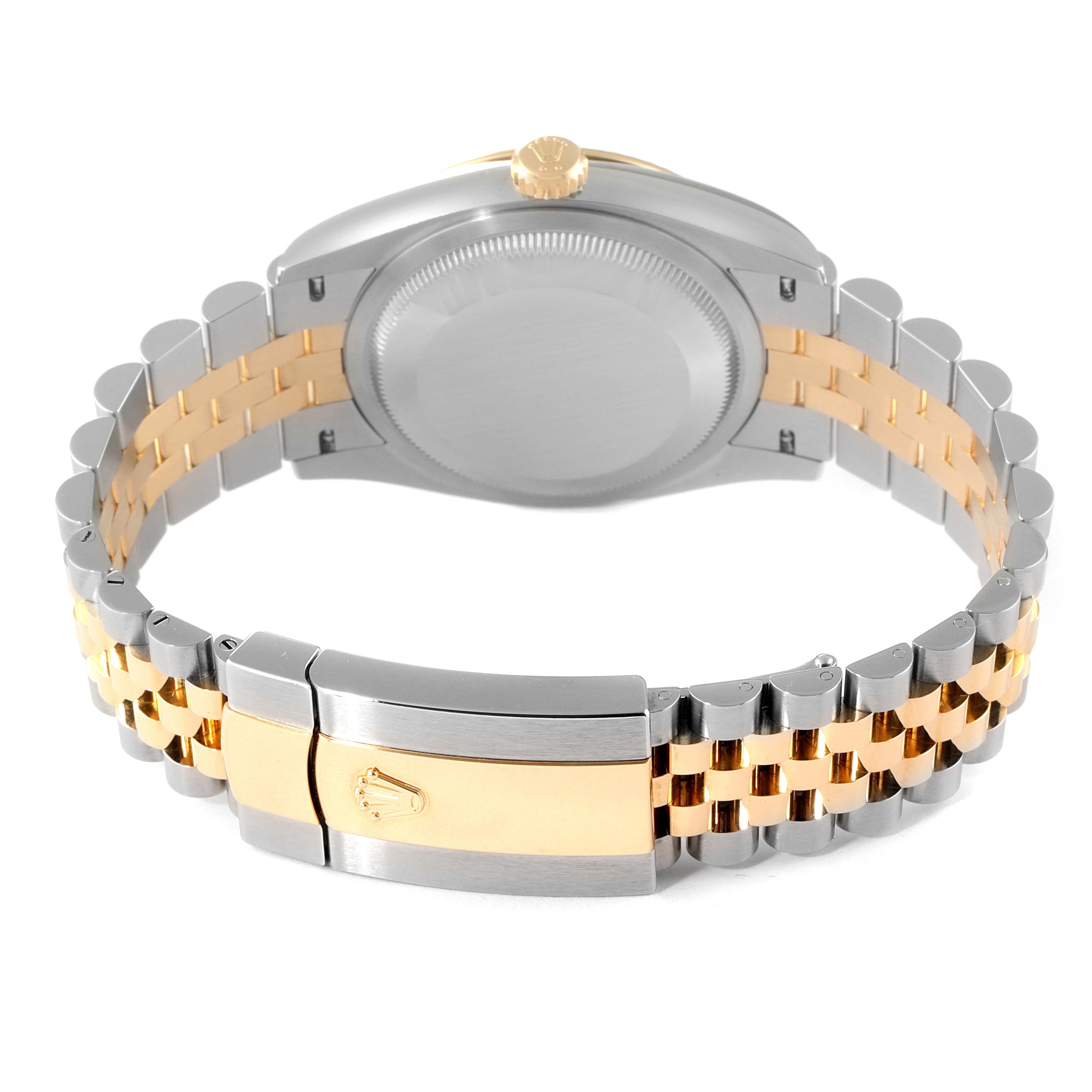 This image shows the back and bracelet of a Rolex Datejust 126233 Men's Steel and Gold (two tone) Champagne Dial 126233 Men's Steel and Gold (two tone) Champagne Dial watch, focusing on the clasp and two-tone metal links.