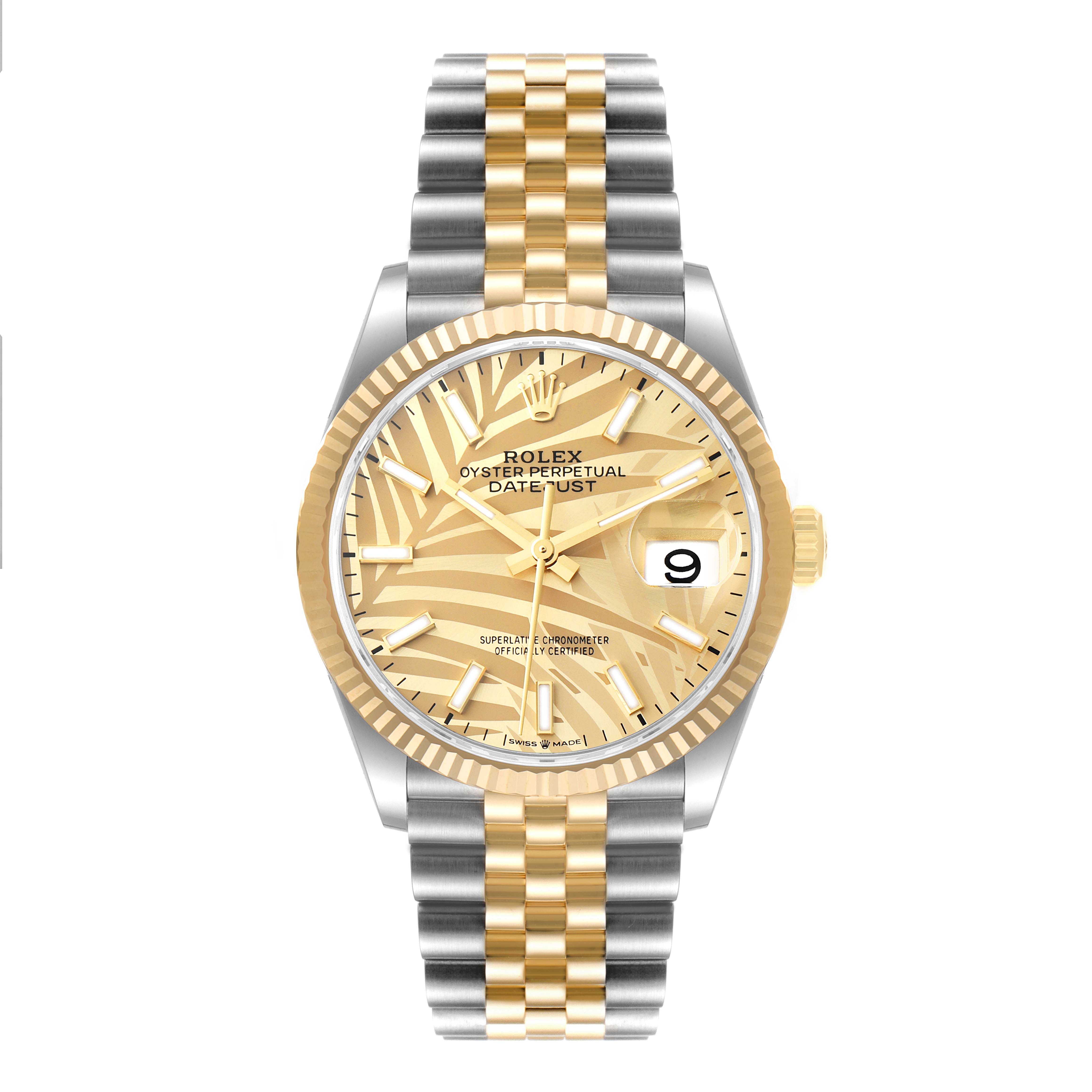 The image shows a front view of a Rolex Datejust 126233 Men's Steel and Gold (two tone) Champagne Dial 126233 Men's Steel and Gold (two tone) Champagne Dial watch with a gold and silver jubilee bracelet and a gold dial with date display.